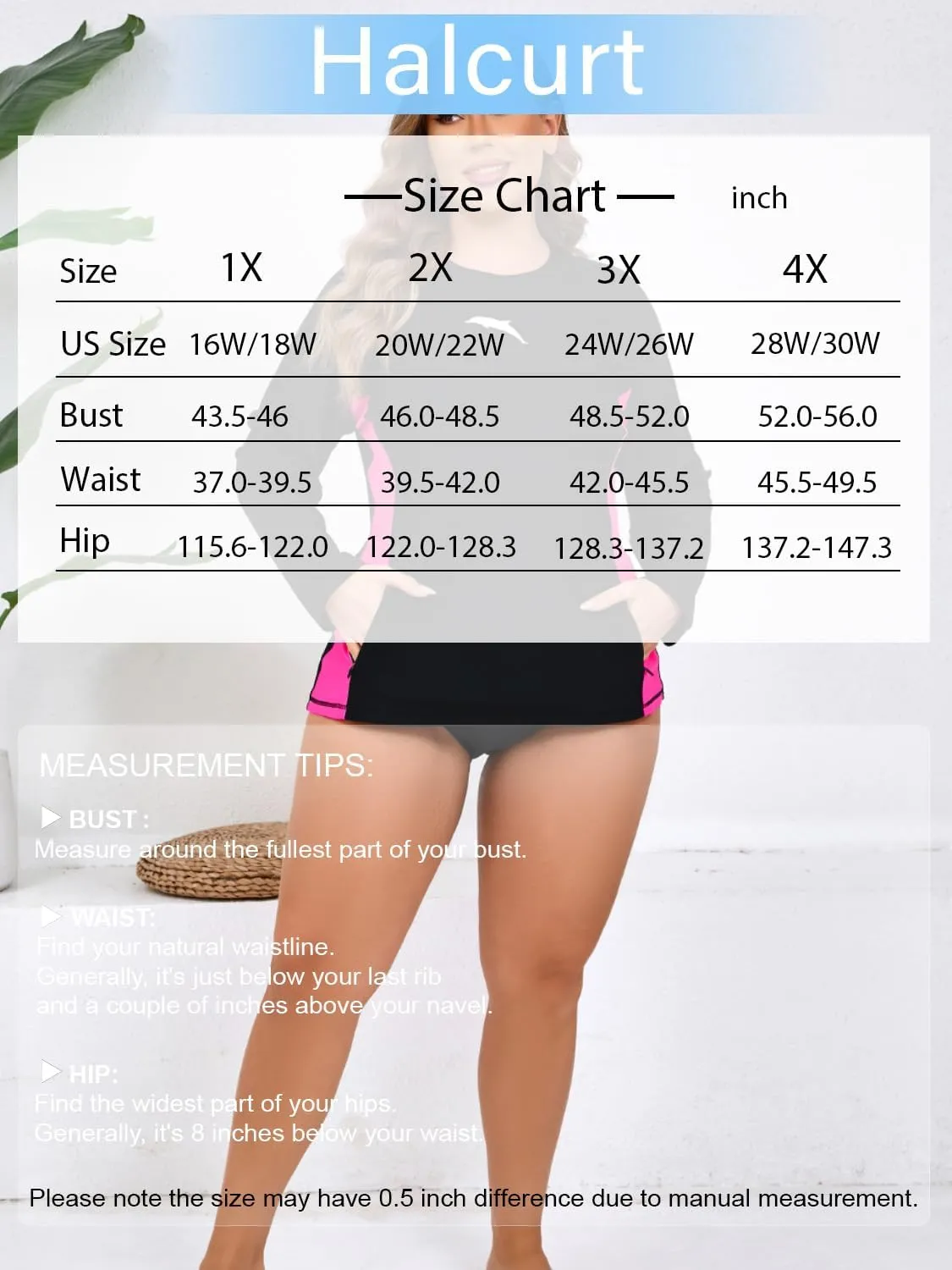 Halcurt Women Plus Size Rash Guard with Thumb Hole Long Sleeve Swim Shirt UPF50  Swimsuit Top