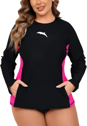 Halcurt Women Plus Size Rash Guard with Thumb Hole Long Sleeve Swim Shirt UPF50  Swimsuit Top