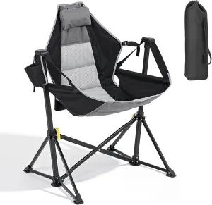 Hammock Chair with Adjustable Backrest, Foldable Swing Chair Outdoor with Headrest and Cup Holder, Stable Camping Chair with Padder Seat for Camping, Patio, Garden, and Indoors, Black