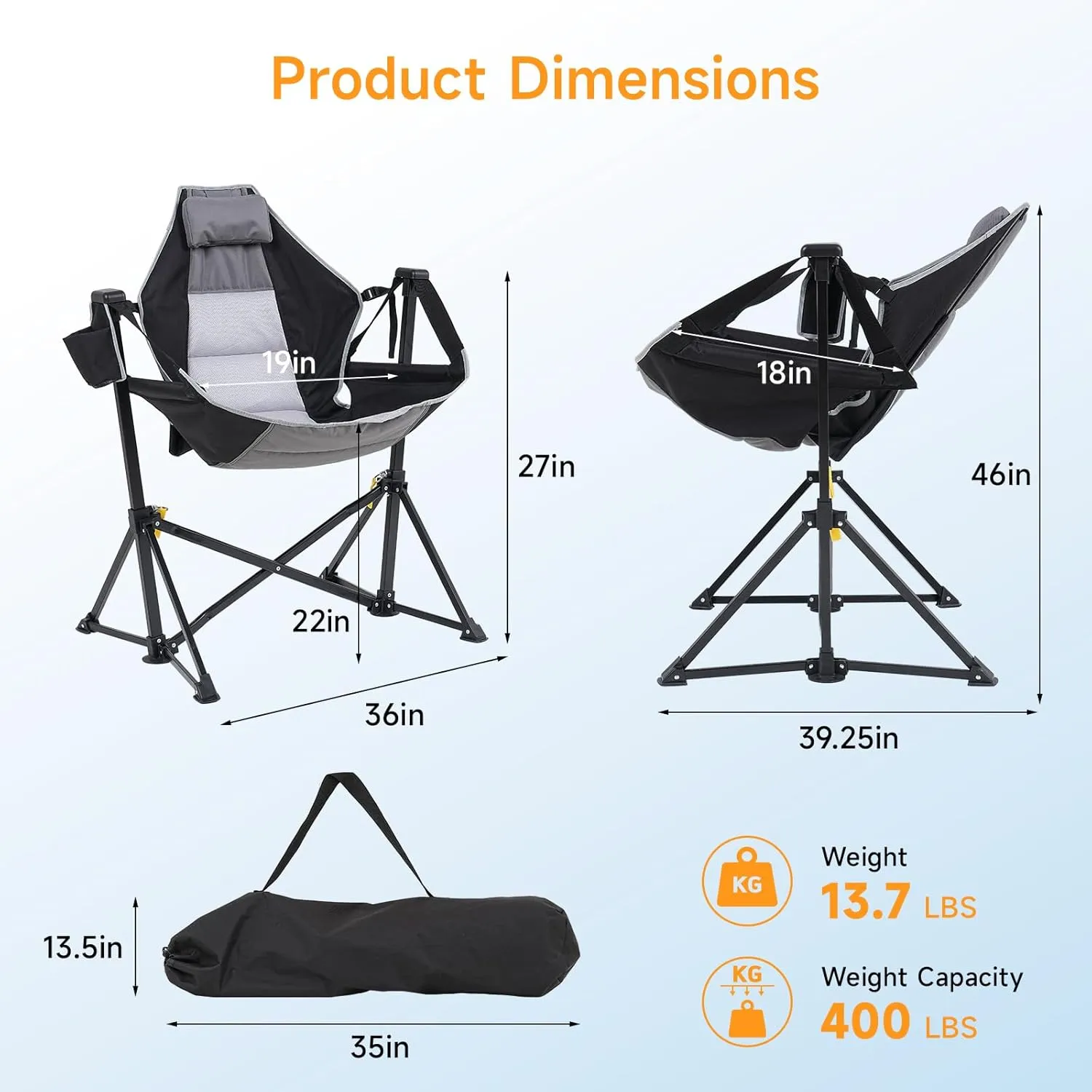 Hammock Chair with Adjustable Backrest, Foldable Swing Chair Outdoor with Headrest and Cup Holder, Stable Camping Chair with Padder Seat for Camping, Patio, Garden, and Indoors, Black
