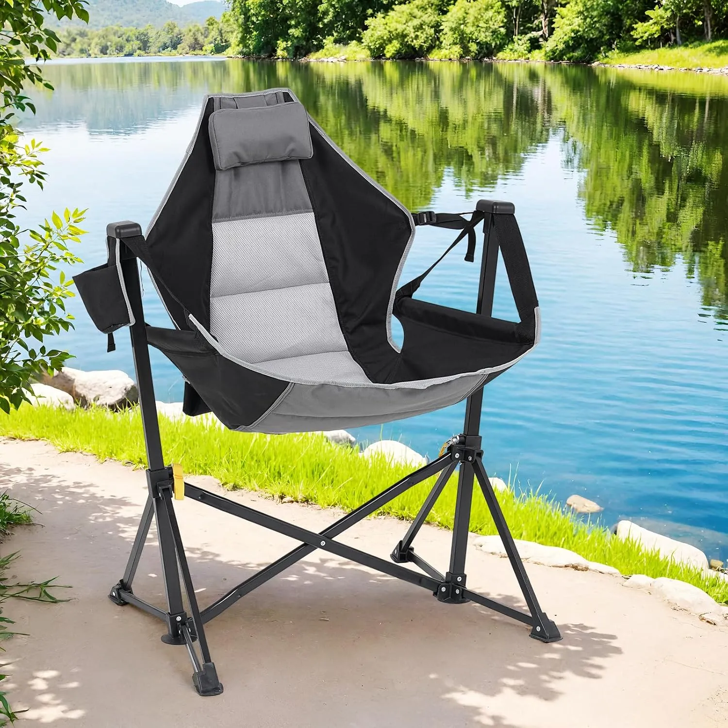 Hammock Chair with Adjustable Backrest, Foldable Swing Chair Outdoor with Headrest and Cup Holder, Stable Camping Chair with Padder Seat for Camping, Patio, Garden, and Indoors, Black