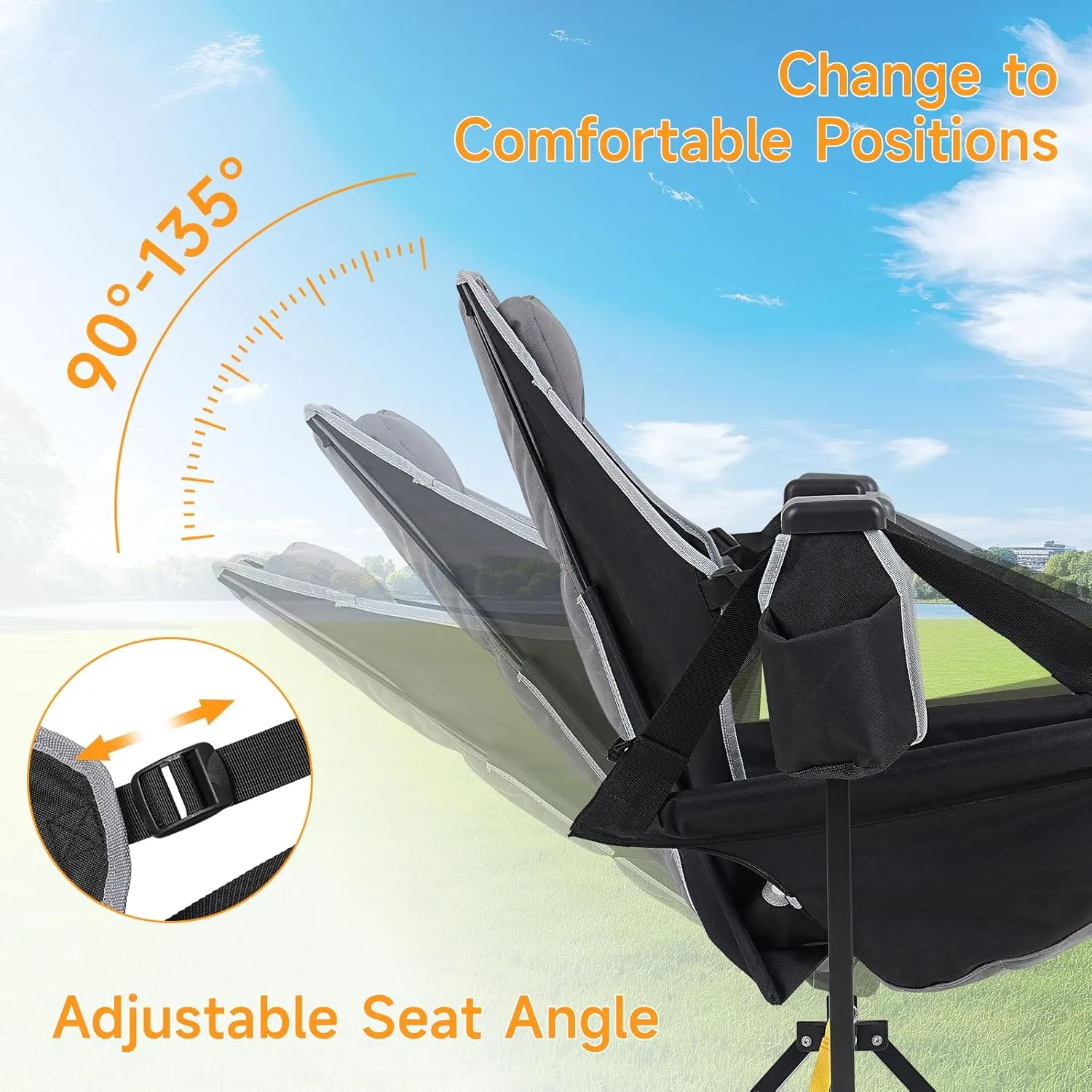 Hammock Chair with Adjustable Backrest, Foldable Swing Chair Outdoor with Headrest and Cup Holder, Stable Camping Chair with Padder Seat for Camping, Patio, Garden, and Indoors, Black