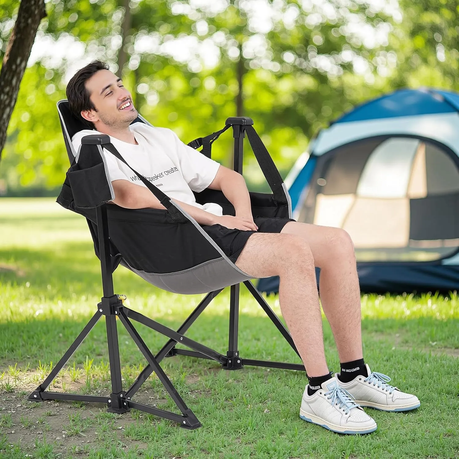 Hammock Chair with Adjustable Backrest, Foldable Swing Chair Outdoor with Headrest and Cup Holder, Stable Camping Chair with Padder Seat for Camping, Patio, Garden, and Indoors, Black