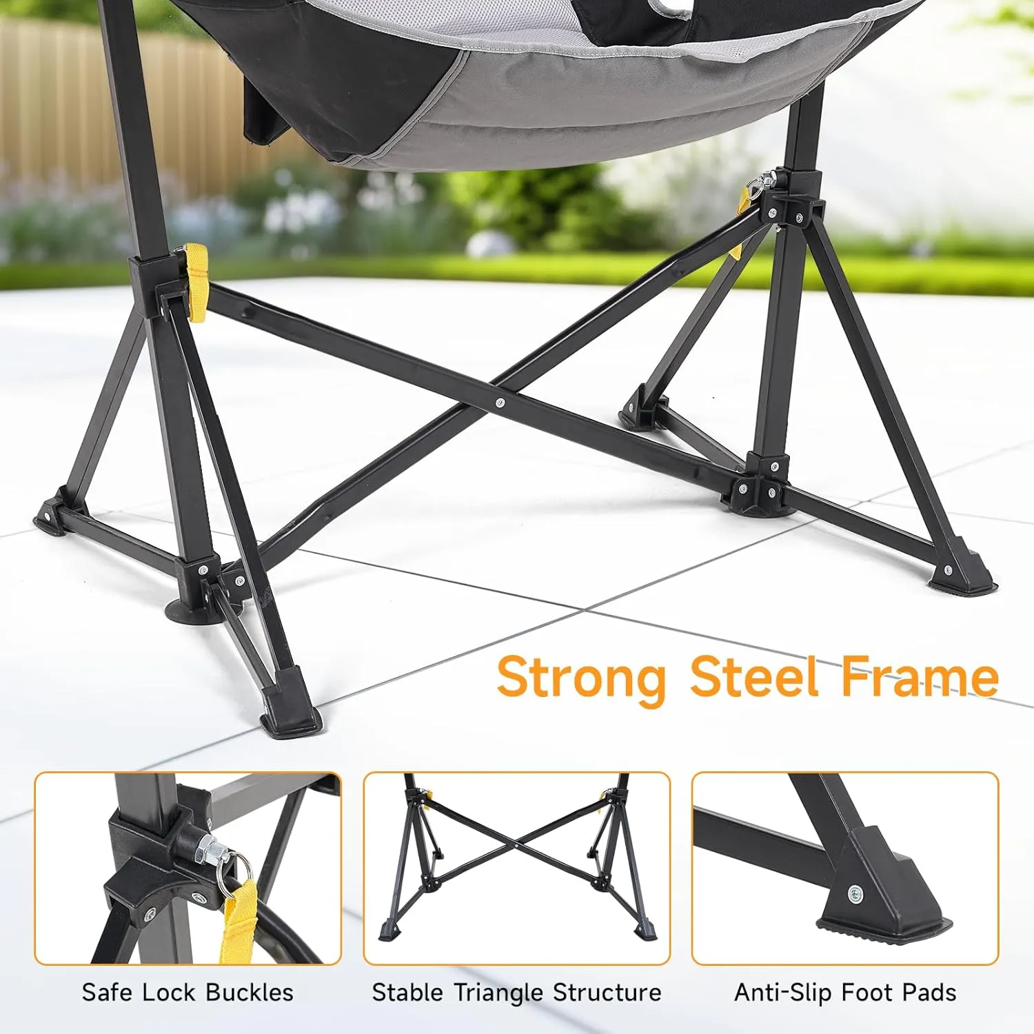 Hammock Chair with Adjustable Backrest, Foldable Swing Chair Outdoor with Headrest and Cup Holder, Stable Camping Chair with Padder Seat for Camping, Patio, Garden, and Indoors, Black