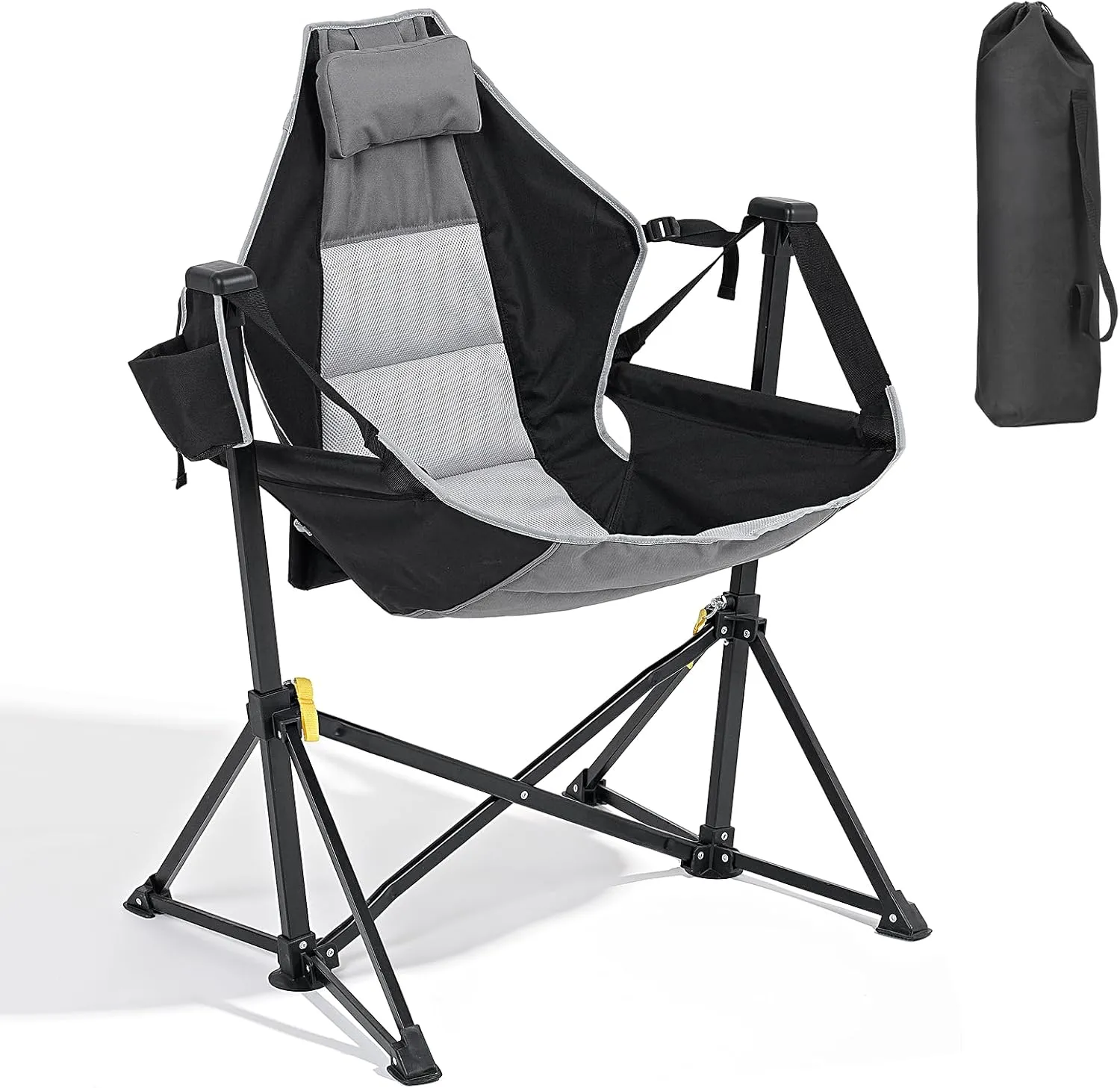 Hammock Chair with Adjustable Backrest, Foldable Swing Chair Outdoor with Headrest and Cup Holder, Stable Camping Chair with Padder Seat for Camping, Patio, Garden, and Indoors, Black