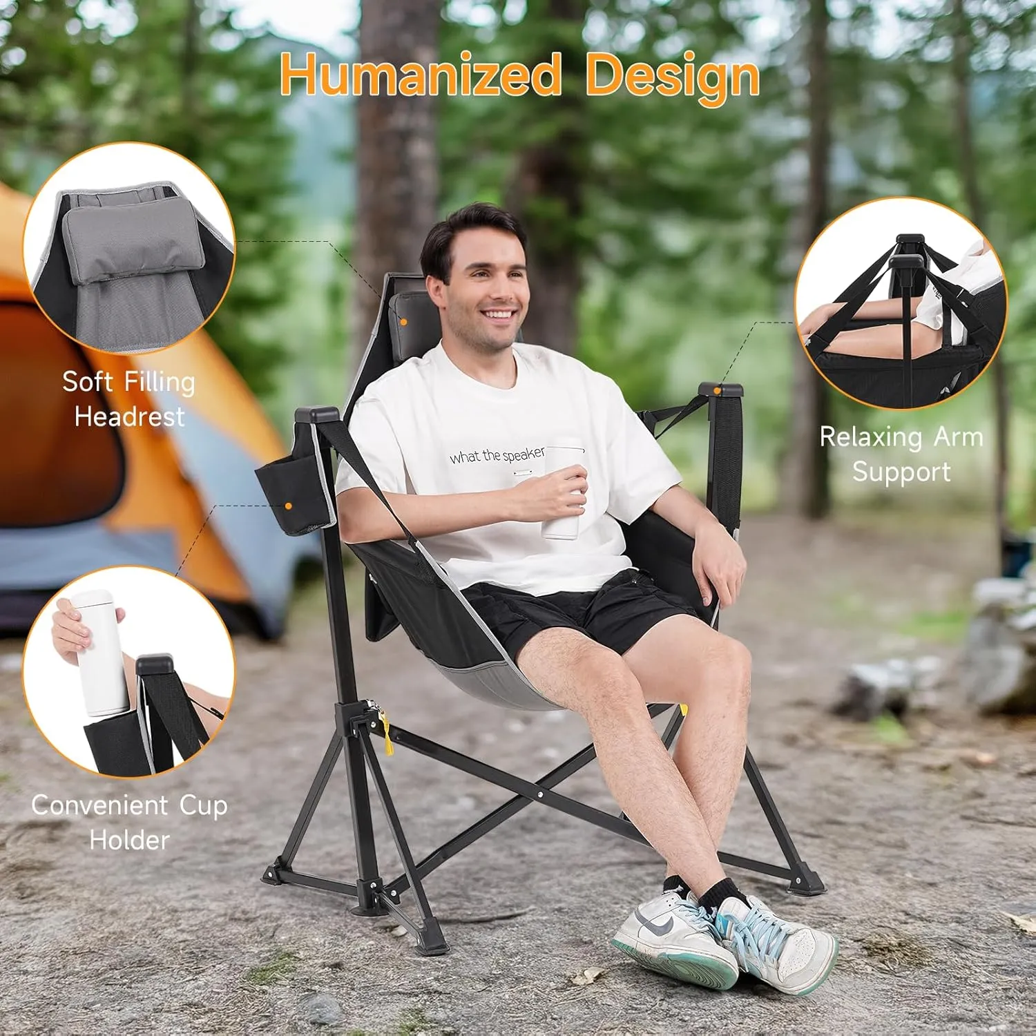 Hammock Chair with Adjustable Backrest, Foldable Swing Chair Outdoor with Headrest and Cup Holder, Stable Camping Chair with Padder Seat for Camping, Patio, Garden, and Indoors, Black