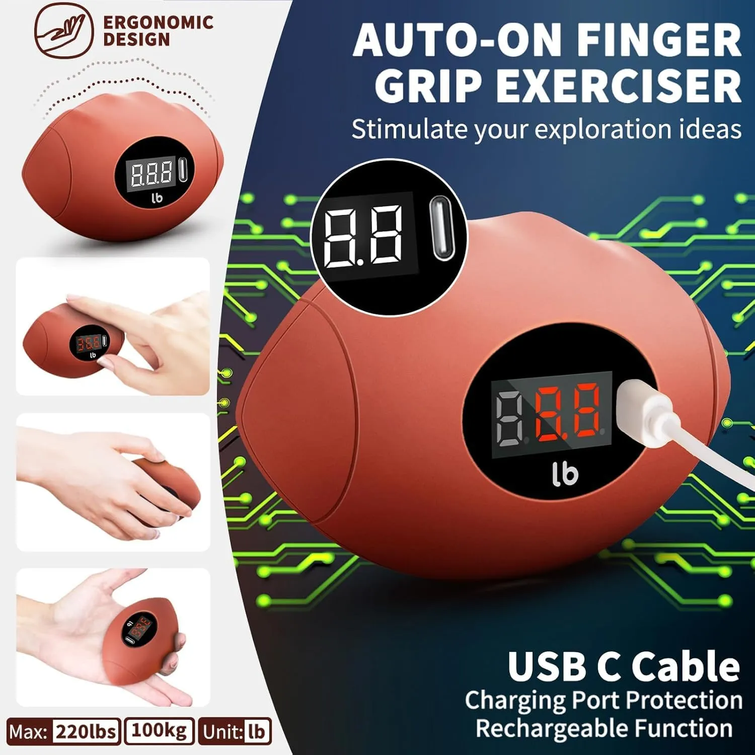 Hand Grip Strengthener, Rechargeable Digital Grip Strength Trainer up 220.4 Lbs(100kg) Hand Grip Exerciser Equipment for Strength Training-Forearm-Gripper-Finger, Stress Balls for Adults/Kids