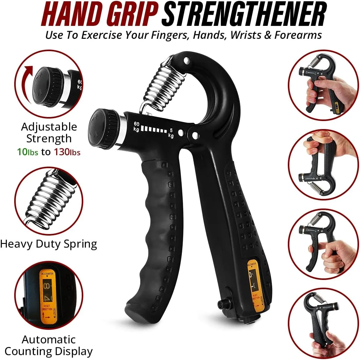 Hand Grip Strengthener Trainer with Adjustable Resistance 10-130lbs (4.5-59kg), Forearm Hand Grip Strength Exerciser for Muscle Building, Injury Recovery, and Therapy Stress Relief