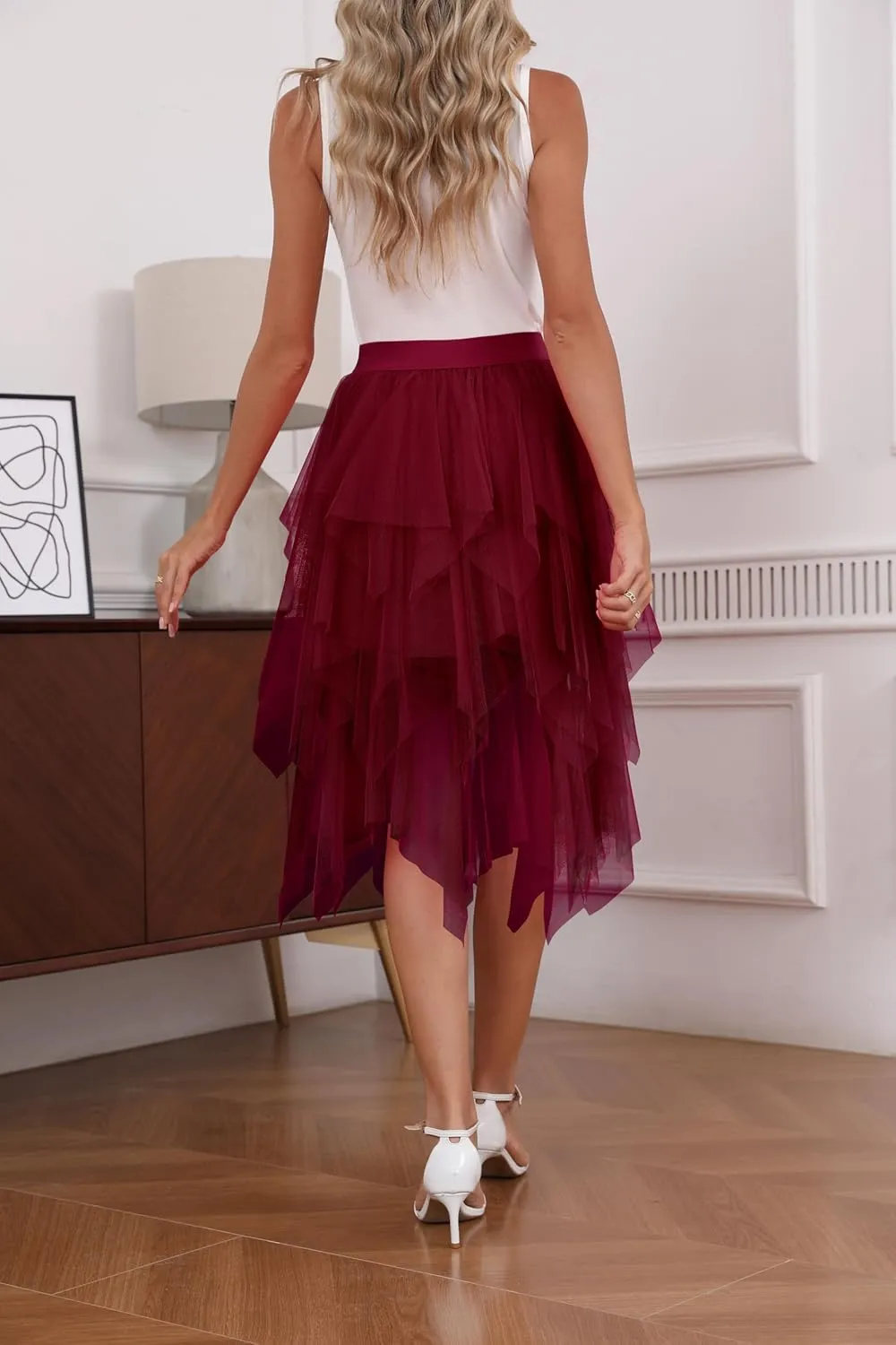 Hanpceirs Women's Tulle Skirts High Low Layered A-line Midi Skirt Irregular Tutu for Women