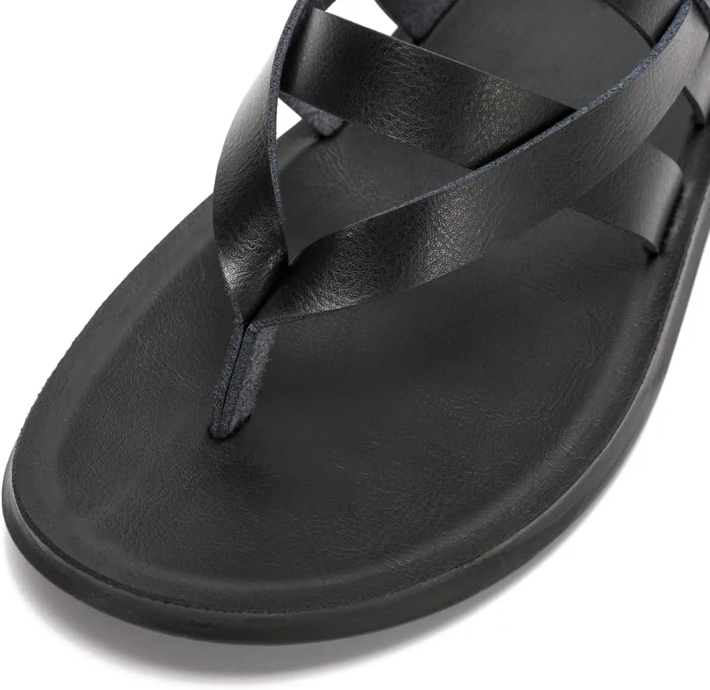 Harssidanzar Mens Leather Sandals,Summer Comfy Outdoor Adjustable Ankle Strap Flat Slip On Sandals For Men's KM218