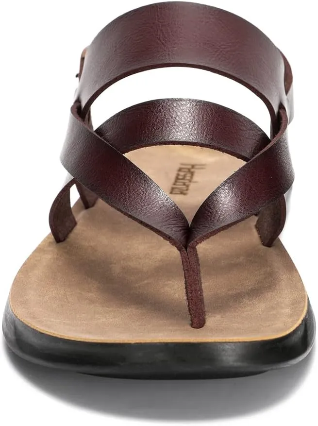Harssidanzar Mens Leather Sandals,Summer Comfy Outdoor Adjustable Ankle Strap Flat Slip On Sandals For Men's KM218