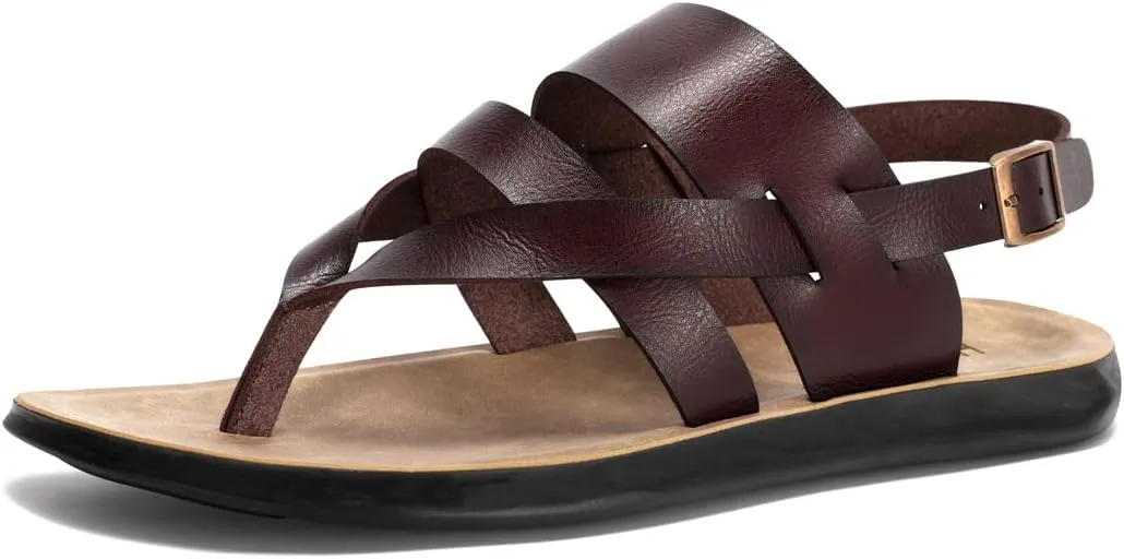 Harssidanzar Mens Leather Sandals,Summer Comfy Outdoor Adjustable Ankle Strap Flat Slip On Sandals For Men's KM218