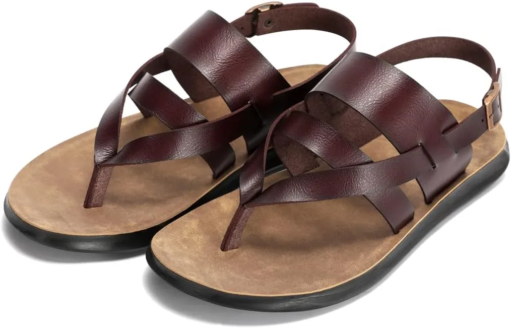 Harssidanzar Mens Leather Sandals,Summer Comfy Outdoor Adjustable Ankle Strap Flat Slip On Sandals For Men's KM218