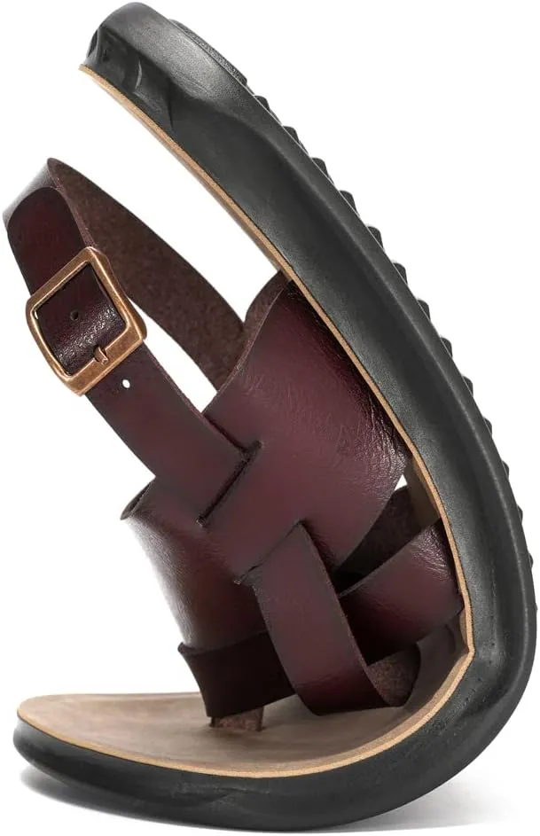 Harssidanzar Mens Leather Sandals,Summer Comfy Outdoor Adjustable Ankle Strap Flat Slip On Sandals For Men's KM218