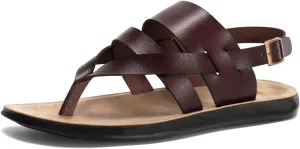 Harssidanzar Mens Leather Sandals,Summer Comfy Outdoor Adjustable Ankle Strap Flat Slip On Sandals For Men's KM218