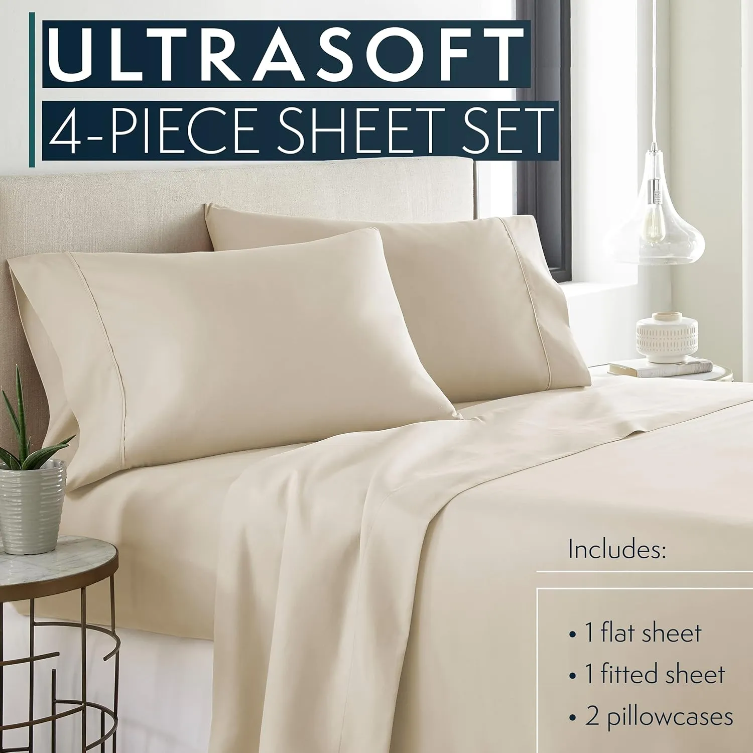 HC COLLECTION Bed Sheets Set Queen with 2 Pillowcases Hotel Luxury Brushed Microfiber Sheet w/Deep Pocket, Fade Resistant Ultra Soft Breathable Lightweight 4 Pcs Bedding Solid Color, Cream