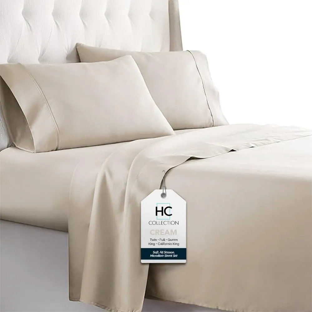 HC COLLECTION Bed Sheets Set Queen with 2 Pillowcases Hotel Luxury Brushed Microfiber Sheet w/Deep Pocket, Fade Resistant Ultra Soft Breathable Lightweight 4 Pcs Bedding Solid Color, Cream