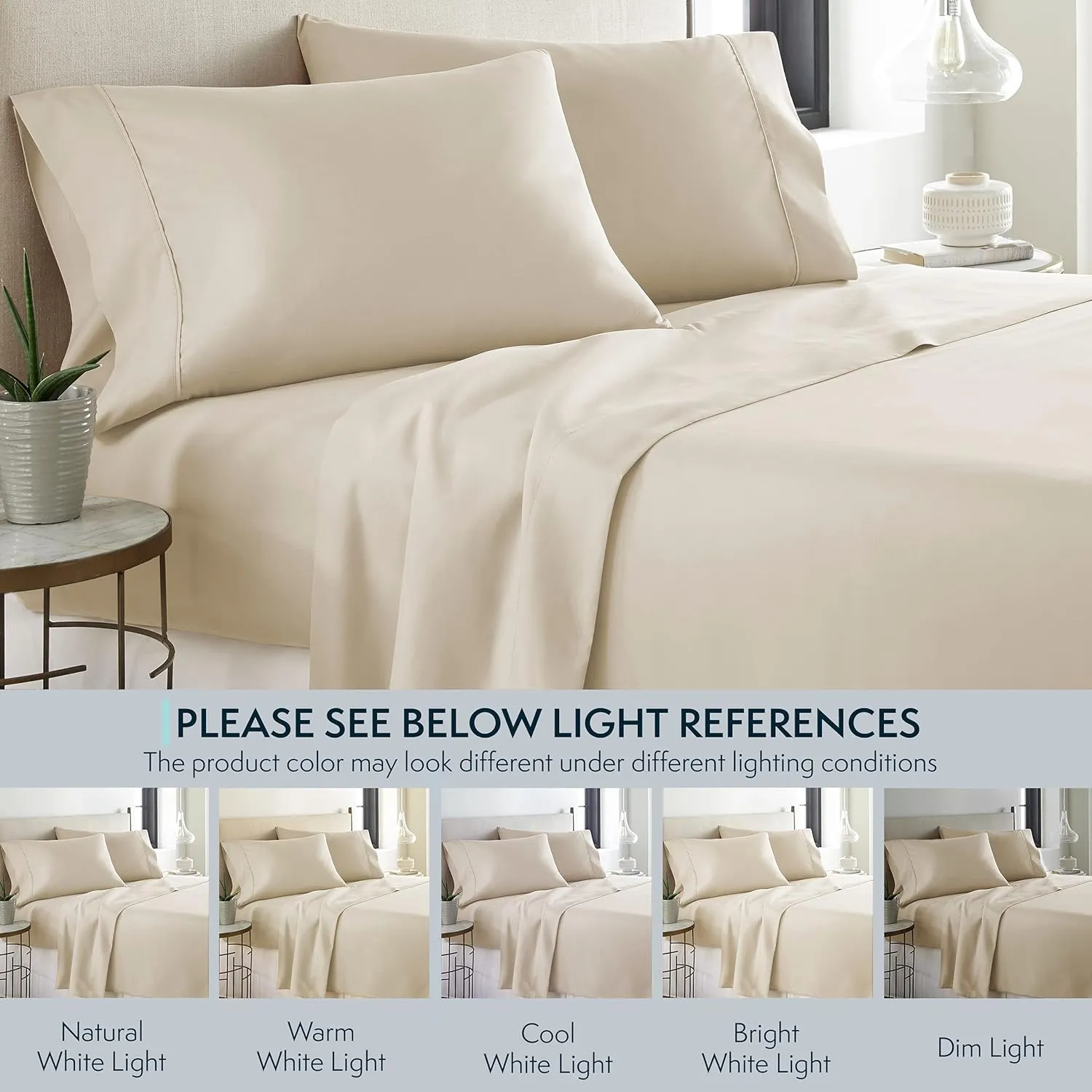 HC COLLECTION Bed Sheets Set Queen with 2 Pillowcases Hotel Luxury Brushed Microfiber Sheet w/Deep Pocket, Fade Resistant Ultra Soft Breathable Lightweight 4 Pcs Bedding Solid Color, Cream