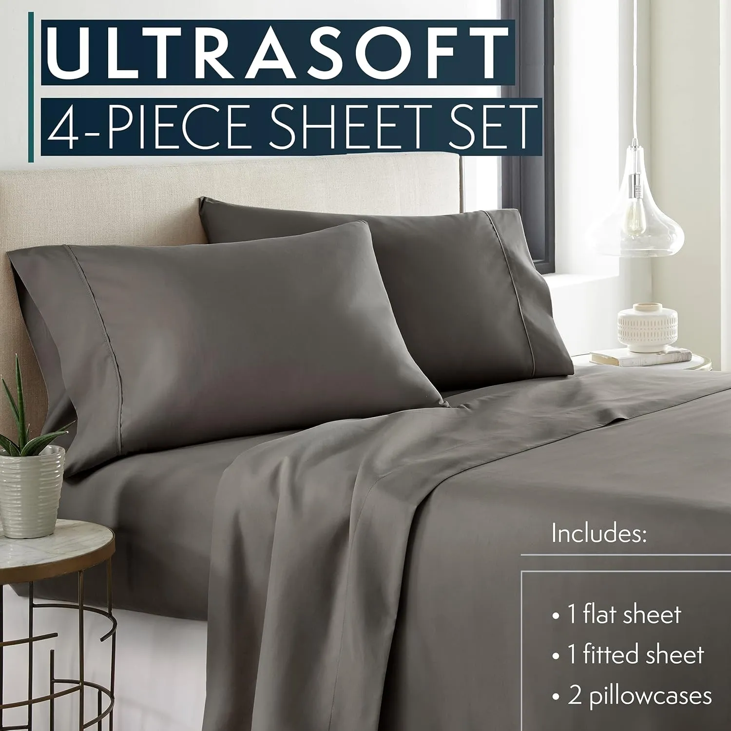 HC COLLECTION Bed Sheets Set Queen with 2 Pillowcases Hotel Luxury Brushed Microfiber Sheet w/Deep Pocket, Fade Resistant Ultra Soft Breathable Lightweight 4 Pcs Bedding Solid Color, Gray