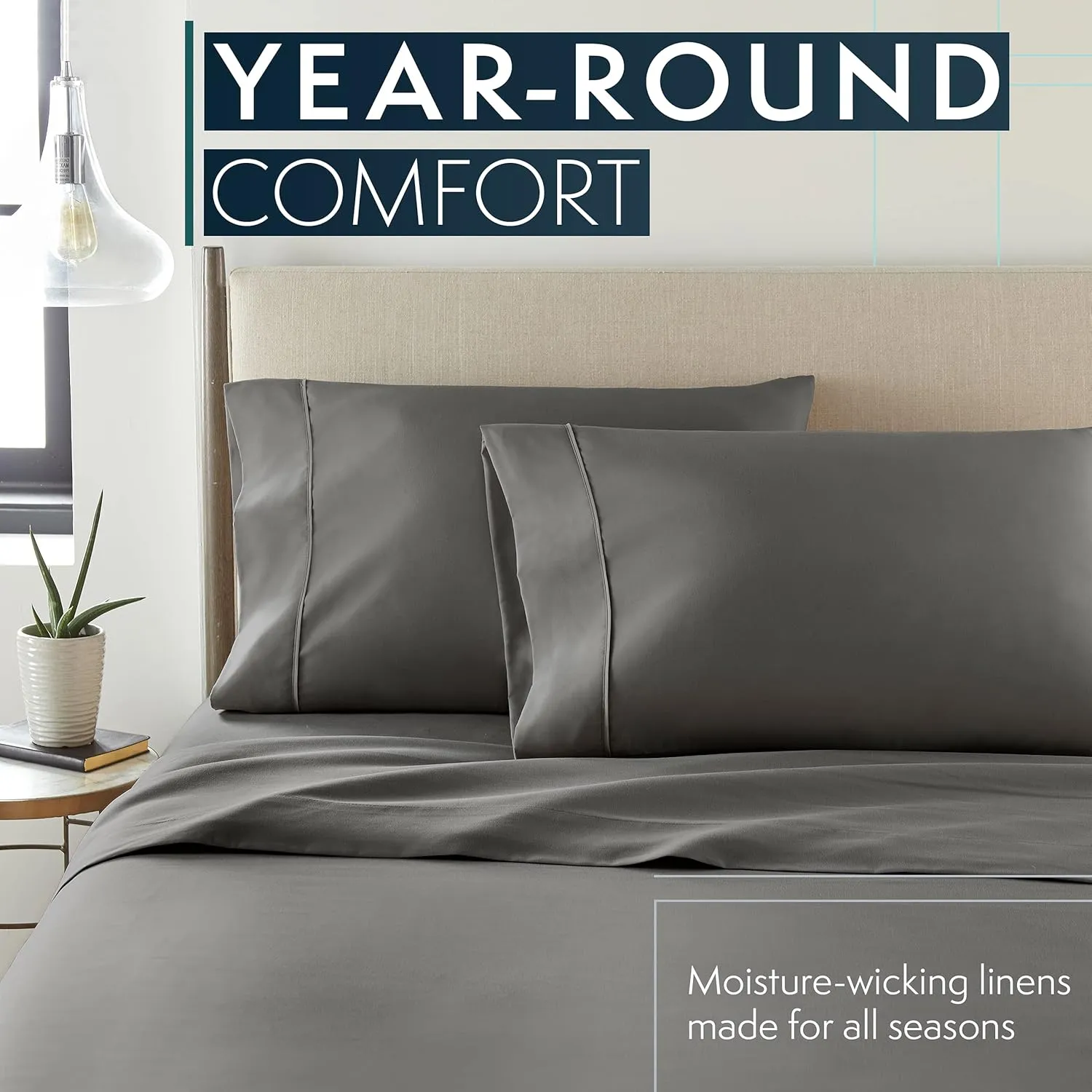 HC COLLECTION Bed Sheets Set Queen with 2 Pillowcases Hotel Luxury Brushed Microfiber Sheet w/Deep Pocket, Fade Resistant Ultra Soft Breathable Lightweight 4 Pcs Bedding Solid Color, Gray