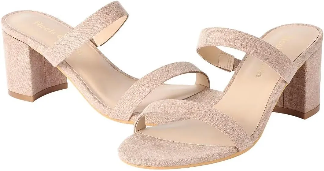 Heels Charm Women's Chunky Block Low Heeled Sandals 2.75 Inches Open Toe Two Strap Slip on Block High Heel Sandal Dress Sandals Daily Work Party Shoes