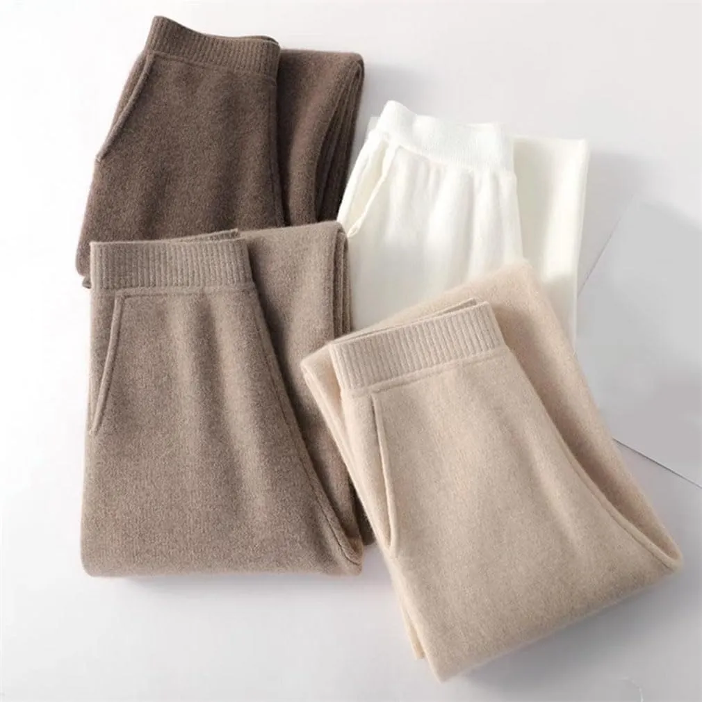 High Waist Wide Leg Pants for Women Winter Casual Loose Knit Straight Pants Women Solid Lace-Up Trousers