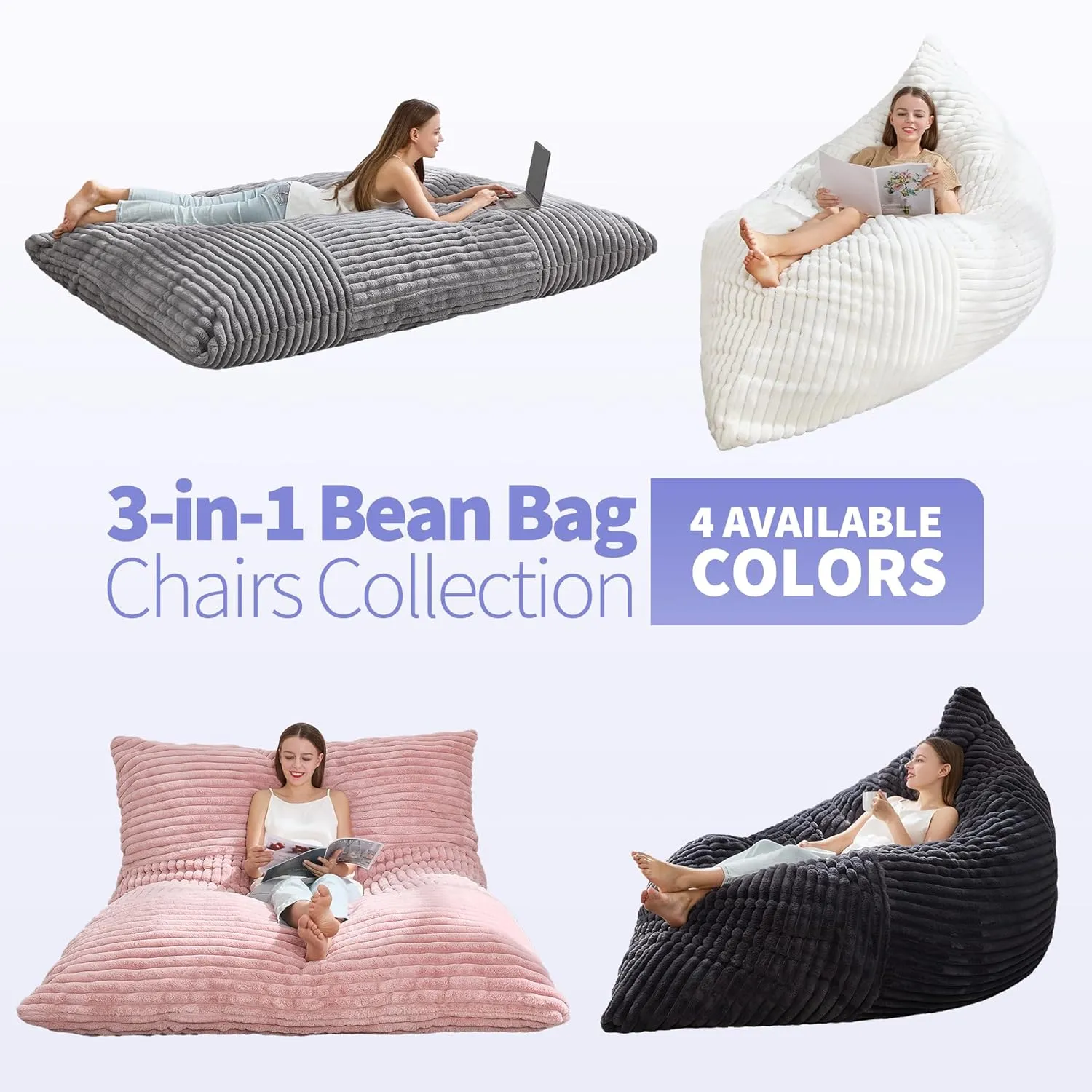 Hobestluk 3 in 1 Bean Bag Chair Giant Bean Bag Chairs Convertible Bean Bag Floor Cushion with Machine Washable Cover, Beanbag Chairs for Adult (Pink)