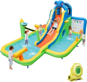 HONEY JOY Inflatable Water Slide, 9 in 1 Elephant Waterslide Water Park for Kids Backyard, Splash Pool, Tic Tac Toe, Climbing Wall, Water Slides Inflatables for Kids and Adults(with 735w Blower)