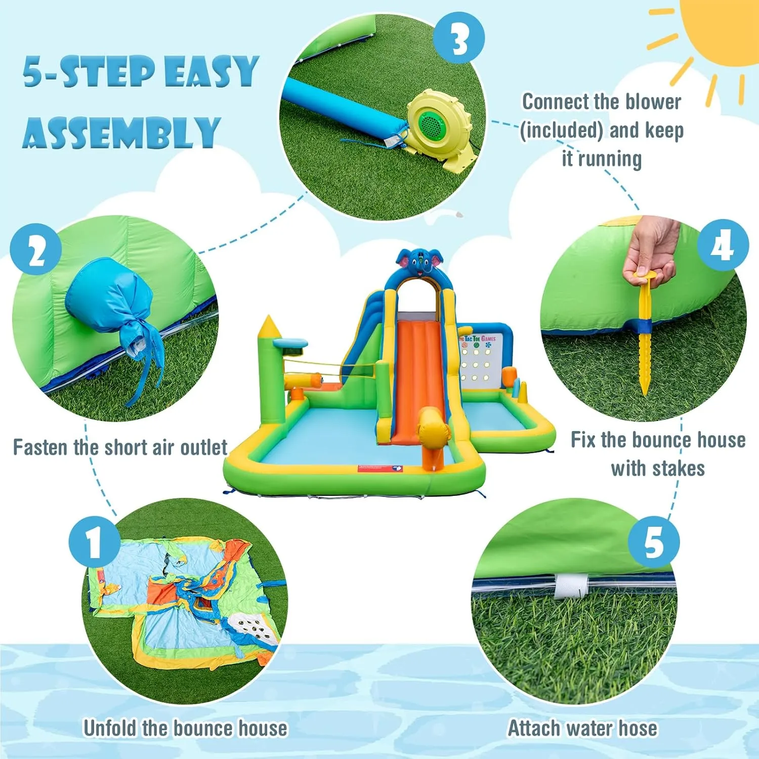 HONEY JOY Inflatable Water Slide, 9 in 1 Elephant Waterslide Water Park for Kids Backyard, Splash Pool, Tic Tac Toe, Climbing Wall, Water Slides Inflatables for Kids and Adults(with 735w Blower)