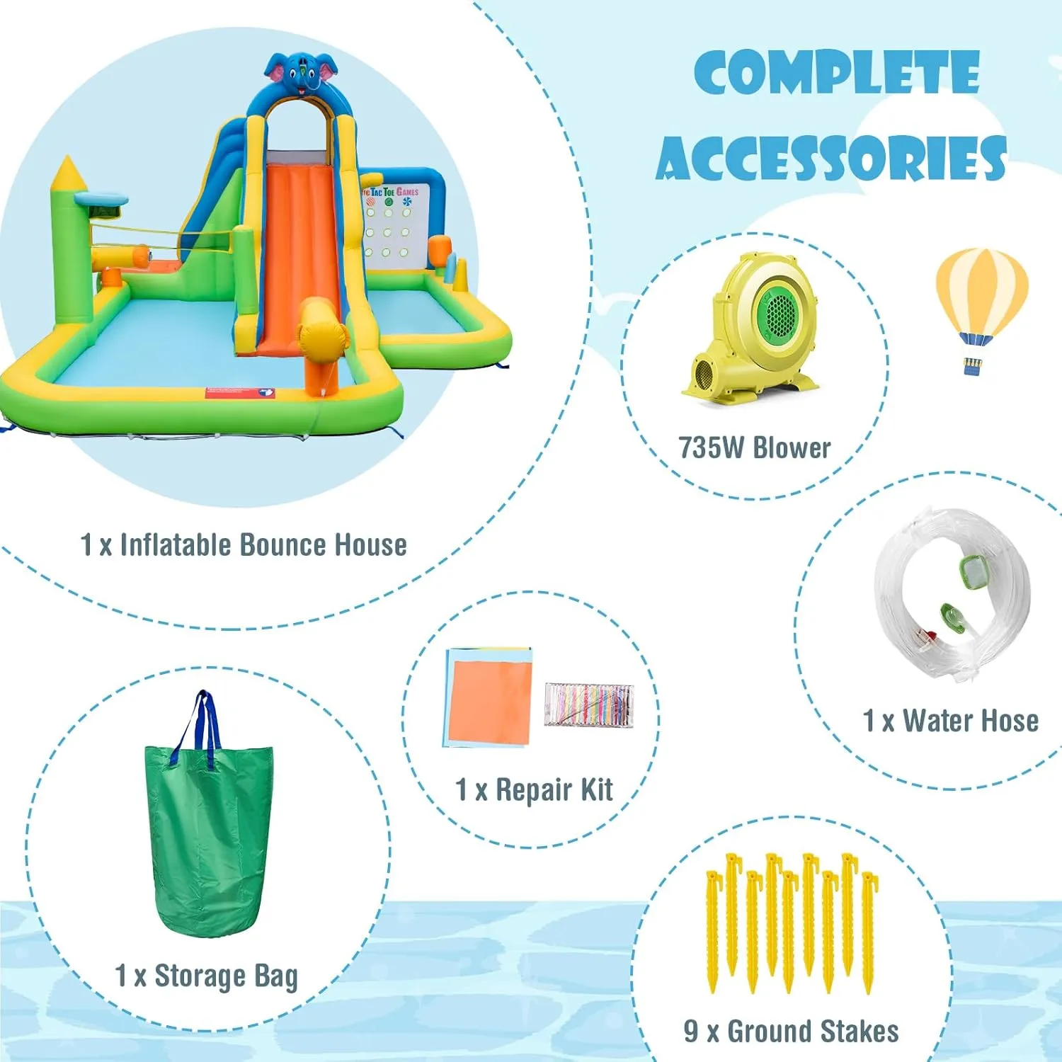 HONEY JOY Inflatable Water Slide, 9 in 1 Elephant Waterslide Water Park for Kids Backyard, Splash Pool, Tic Tac Toe, Climbing Wall, Water Slides Inflatables for Kids and Adults(with 735w Blower)