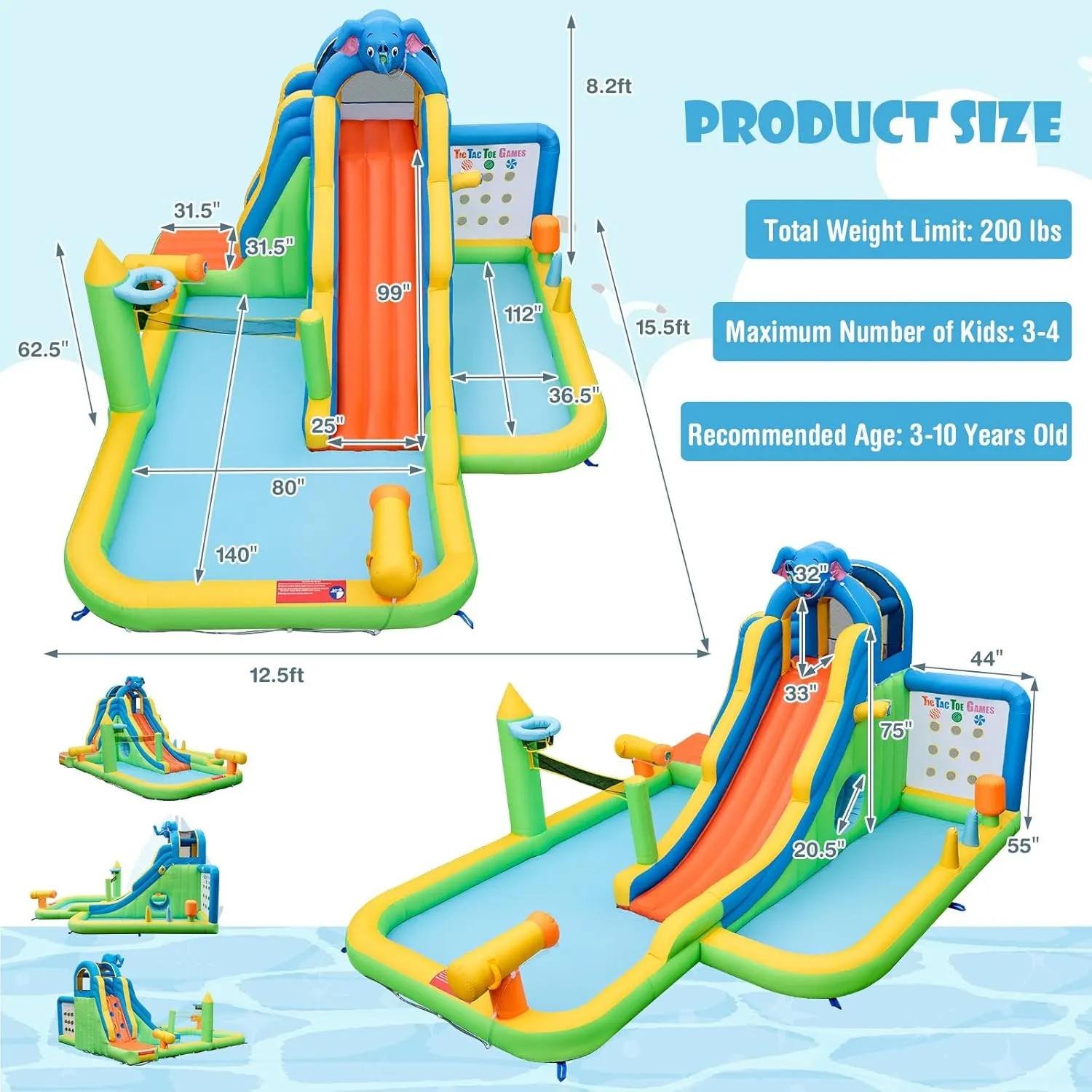 HONEY JOY Inflatable Water Slide, 9 in 1 Elephant Waterslide Water Park for Kids Backyard, Splash Pool, Tic Tac Toe, Climbing Wall, Water Slides Inflatables for Kids and Adults(with 735w Blower)