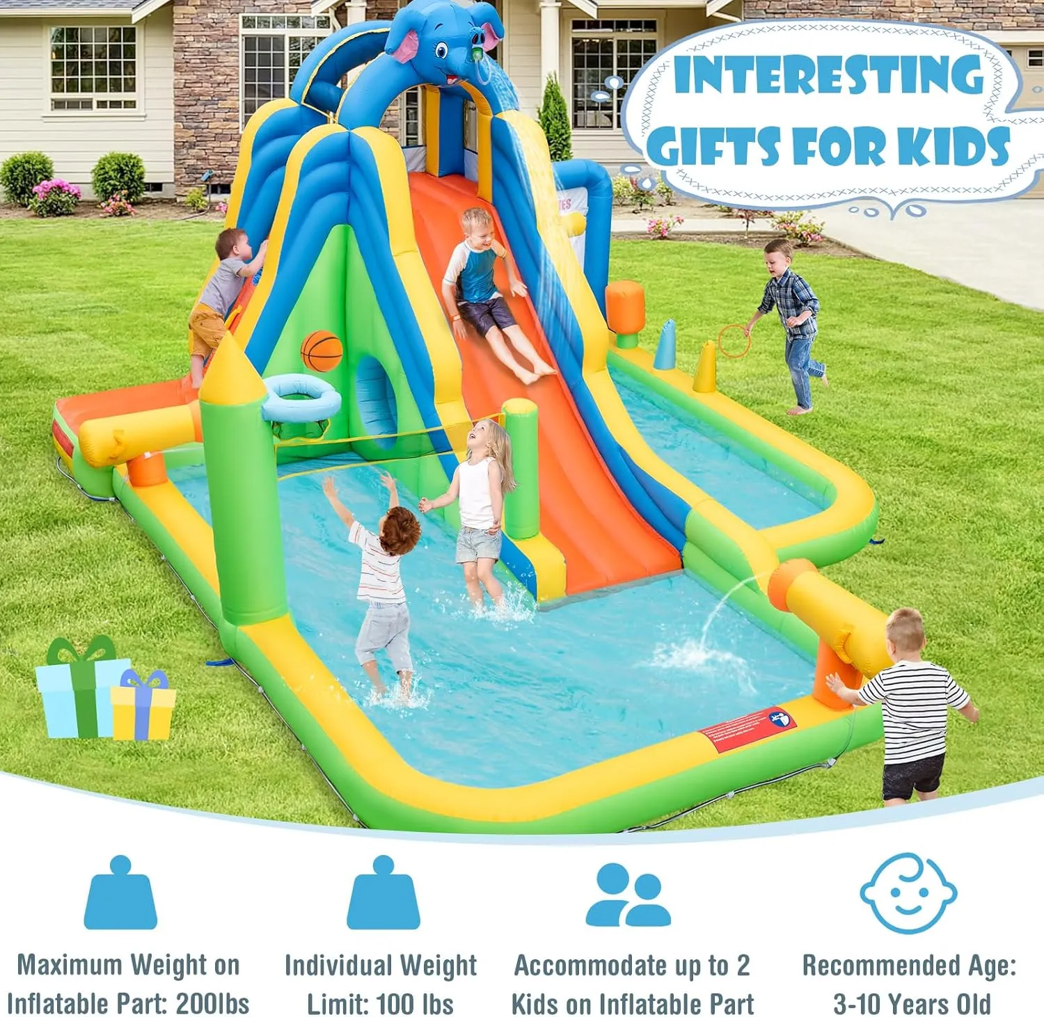 HONEY JOY Inflatable Water Slide, 9 in 1 Elephant Waterslide Water Park for Kids Backyard, Splash Pool, Tic Tac Toe, Climbing Wall, Water Slides Inflatables for Kids and Adults(with 735w Blower)