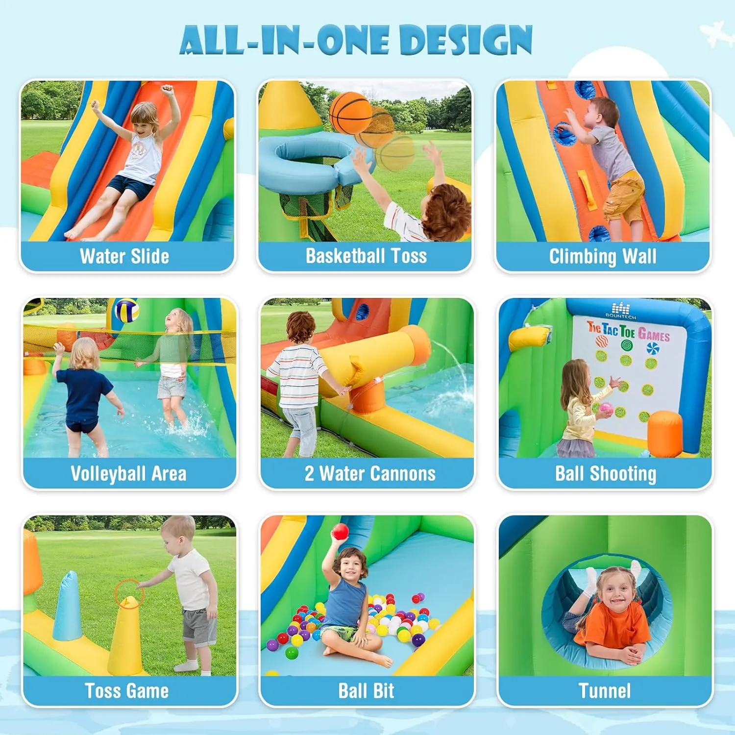 HONEY JOY Inflatable Water Slide, 9 in 1 Elephant Waterslide Water Park for Kids Backyard, Splash Pool, Tic Tac Toe, Climbing Wall, Water Slides Inflatables for Kids and Adults(with 735w Blower)