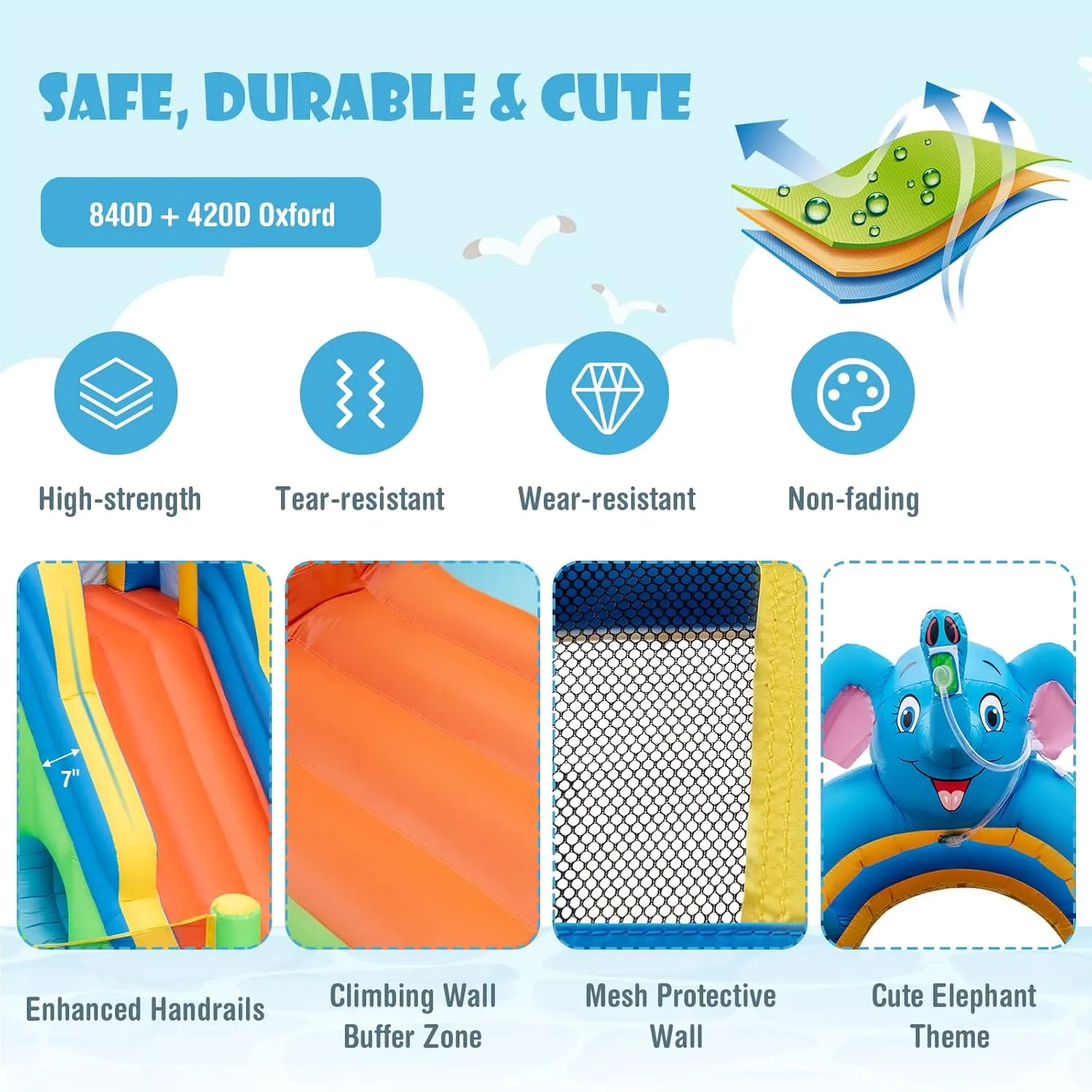 HONEY JOY Inflatable Water Slide, 9 in 1 Elephant Waterslide Water Park for Kids Backyard, Splash Pool, Tic Tac Toe, Climbing Wall, Water Slides Inflatables for Kids and Adults(with 735w Blower)