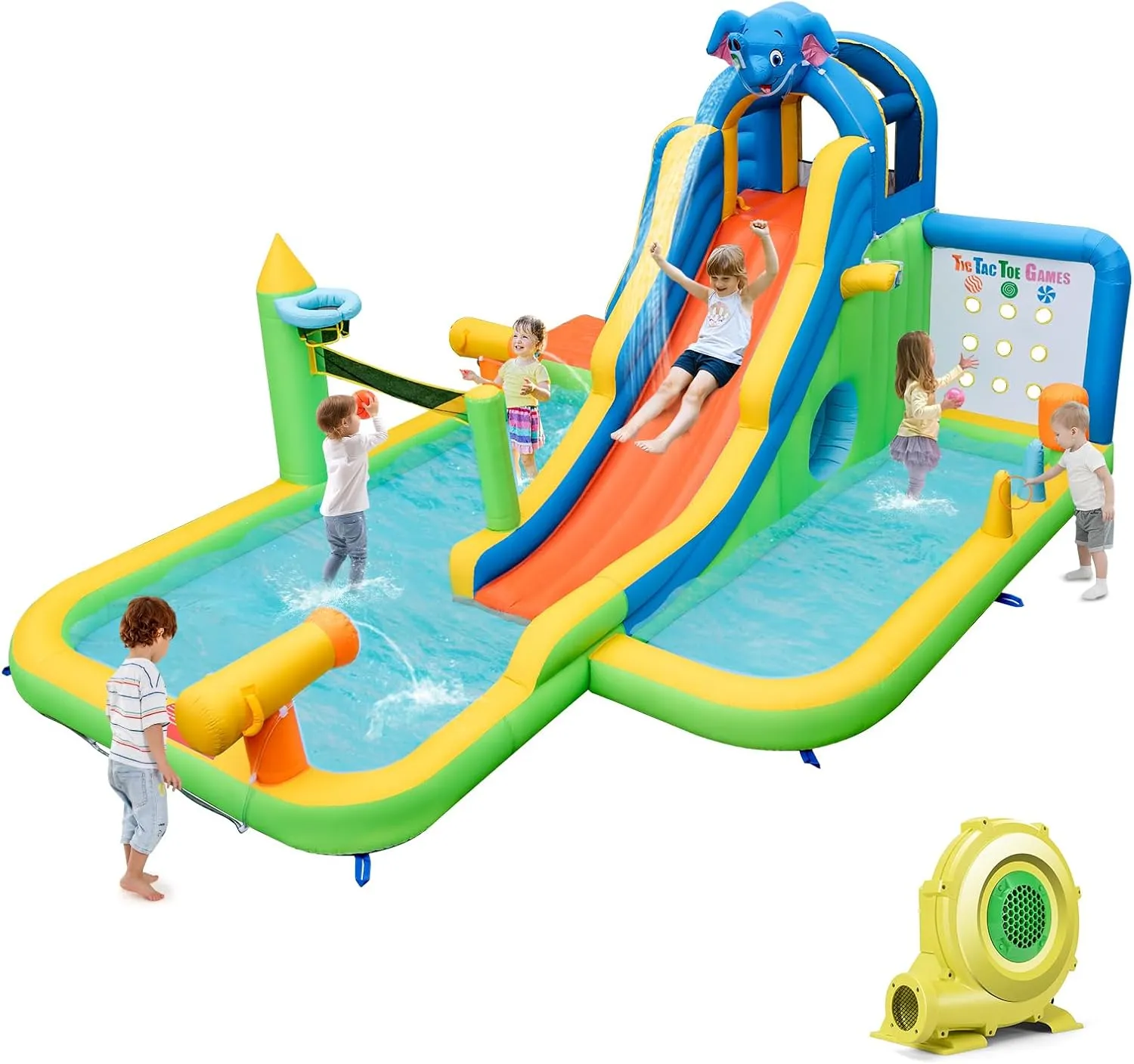 HONEY JOY Inflatable Water Slide, 9 in 1 Elephant Waterslide Water Park for Kids Backyard, Splash Pool, Tic Tac Toe, Climbing Wall, Water Slides Inflatables for Kids and Adults(with 735w Blower)
