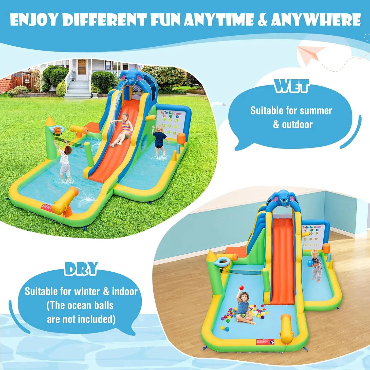 HONEY JOY Inflatable Water Slide, 9 in 1 Elephant Waterslide Water Park for Kids Backyard, Splash Pool, Tic Tac Toe, Climbing Wall, Water Slides Inflatables for Kids and Adults(with 735w Blower)