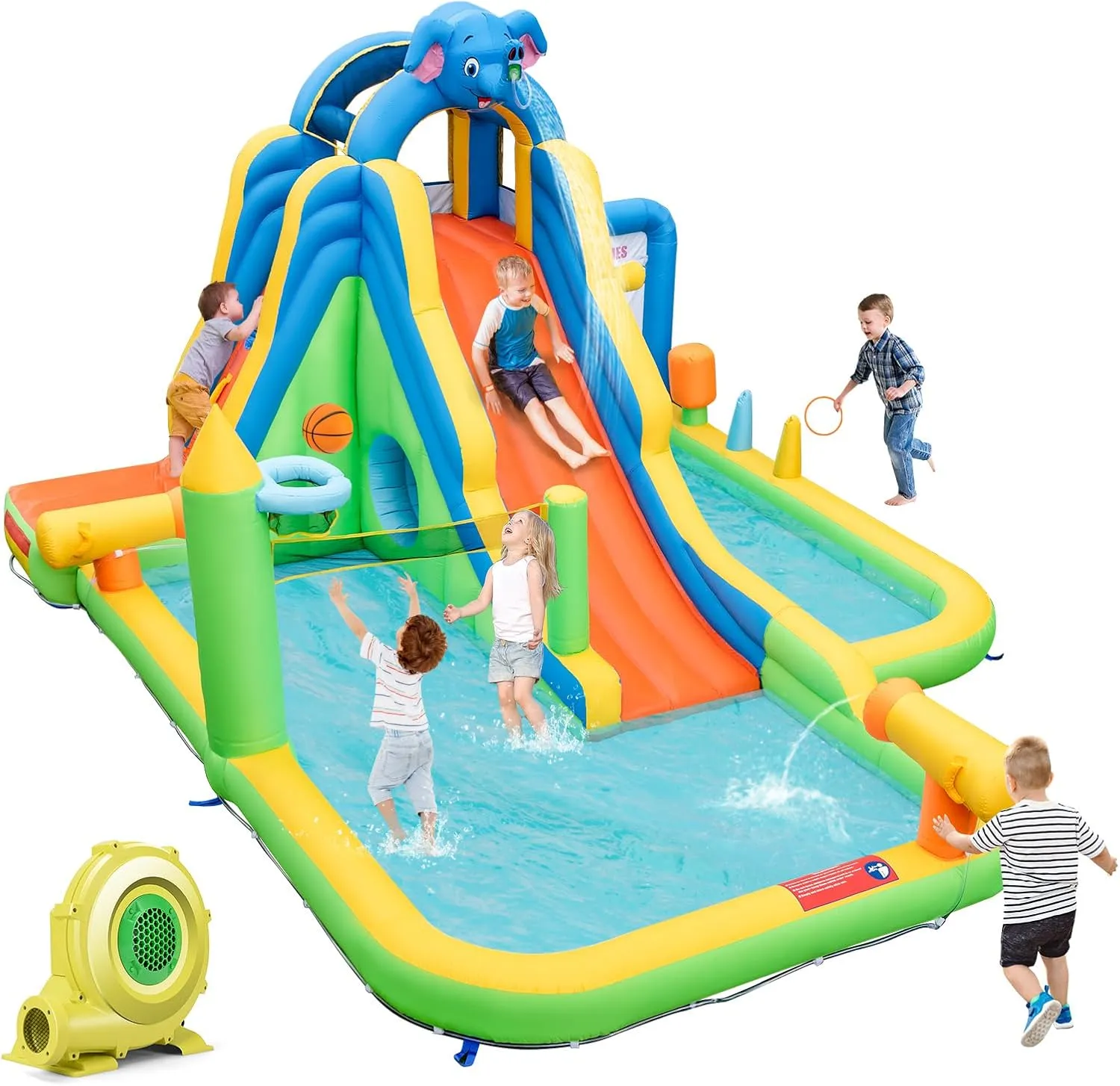 HONEY JOY Inflatable Water Slide, 9 in 1 Elephant Waterslide Water Park for Kids Backyard, Splash Pool, Tic Tac Toe, Climbing Wall, Water Slides Inflatables for Kids and Adults(with 735w Blower)