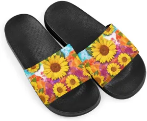 Howilath Novelty Sunflowers Pattern Slide Sandals for Women Girls, Comfotable Open Toe Non Slip Single Band Slide Sandals