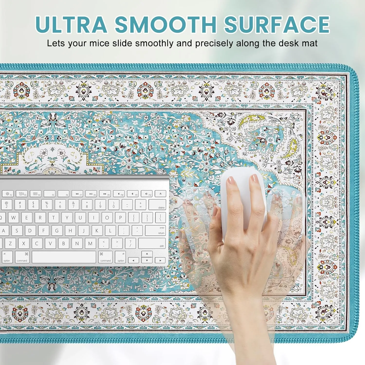 iLeadon Blue Turkish Carpet Laptop Mouse Pad, Extended Gaming Long Mouse Pad with Smooth Lycra Surface, Desk Size, Rubber Base Rug Mousepad with Stitched Edges, Keyboard Mat for Office, Home