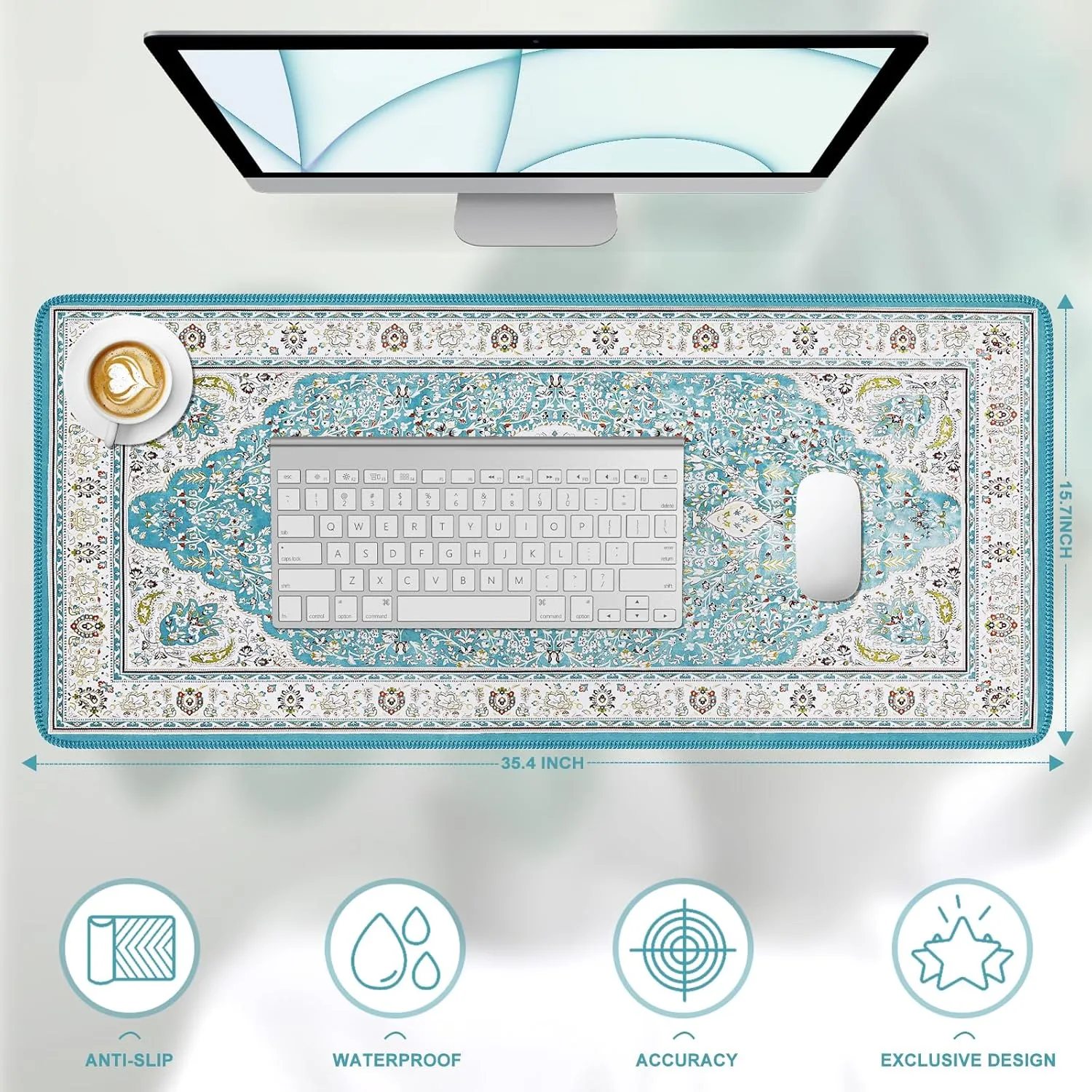 iLeadon Blue Turkish Carpet Laptop Mouse Pad, Extended Gaming Long Mouse Pad with Smooth Lycra Surface, Desk Size, Rubber Base Rug Mousepad with Stitched Edges, Keyboard Mat for Office, Home