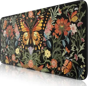 iLeadon Extended Desk Mouse Pad Mat, Dark Floral Cute Vintage Mousepad Desk Pad XXL Extra Large Gaming Keyboard Mat,Butterfly Computer Mouse Mat Plant Deskpad for Women Home Office，35.4x15.7 in