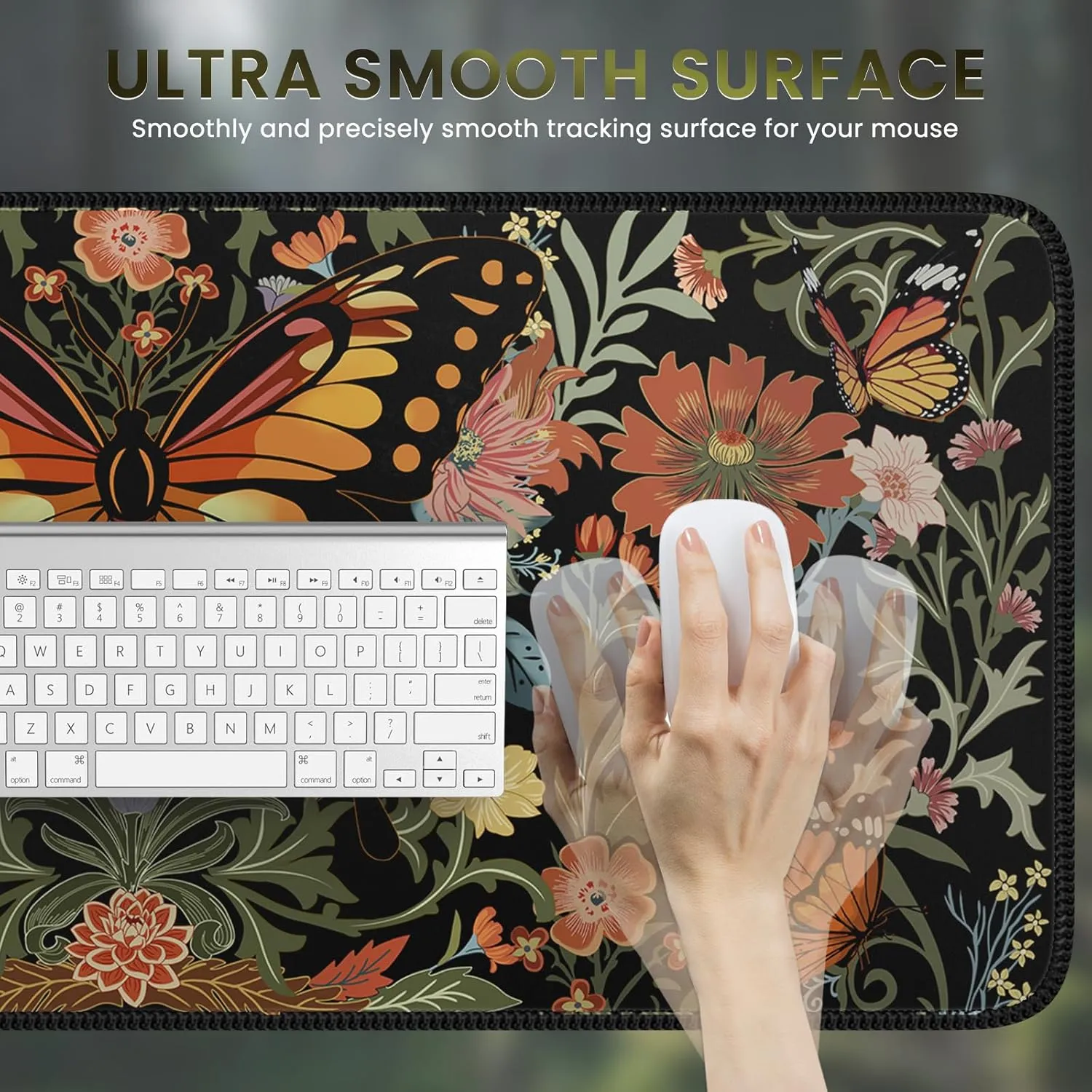 iLeadon Extended Desk Mouse Pad Mat, Dark Floral Cute Vintage Mousepad Desk Pad XXL Extra Large Gaming Keyboard Mat,Butterfly Computer Mouse Mat Plant Deskpad for Women Home Office，35.4x15.7 in