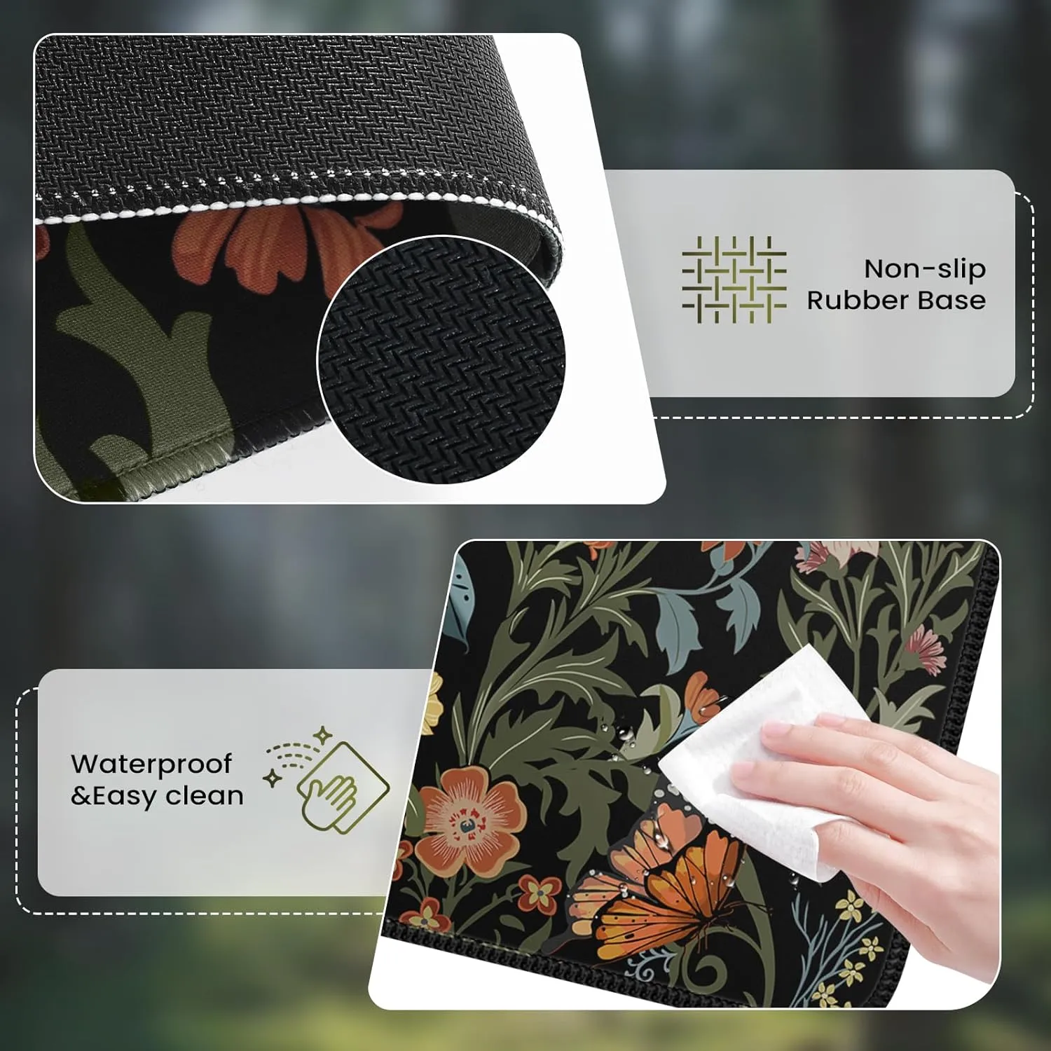 iLeadon Extended Desk Mouse Pad Mat, Dark Floral Cute Vintage Mousepad Desk Pad XXL Extra Large Gaming Keyboard Mat,Butterfly Computer Mouse Mat Plant Deskpad for Women Home Office，35.4x15.7 in