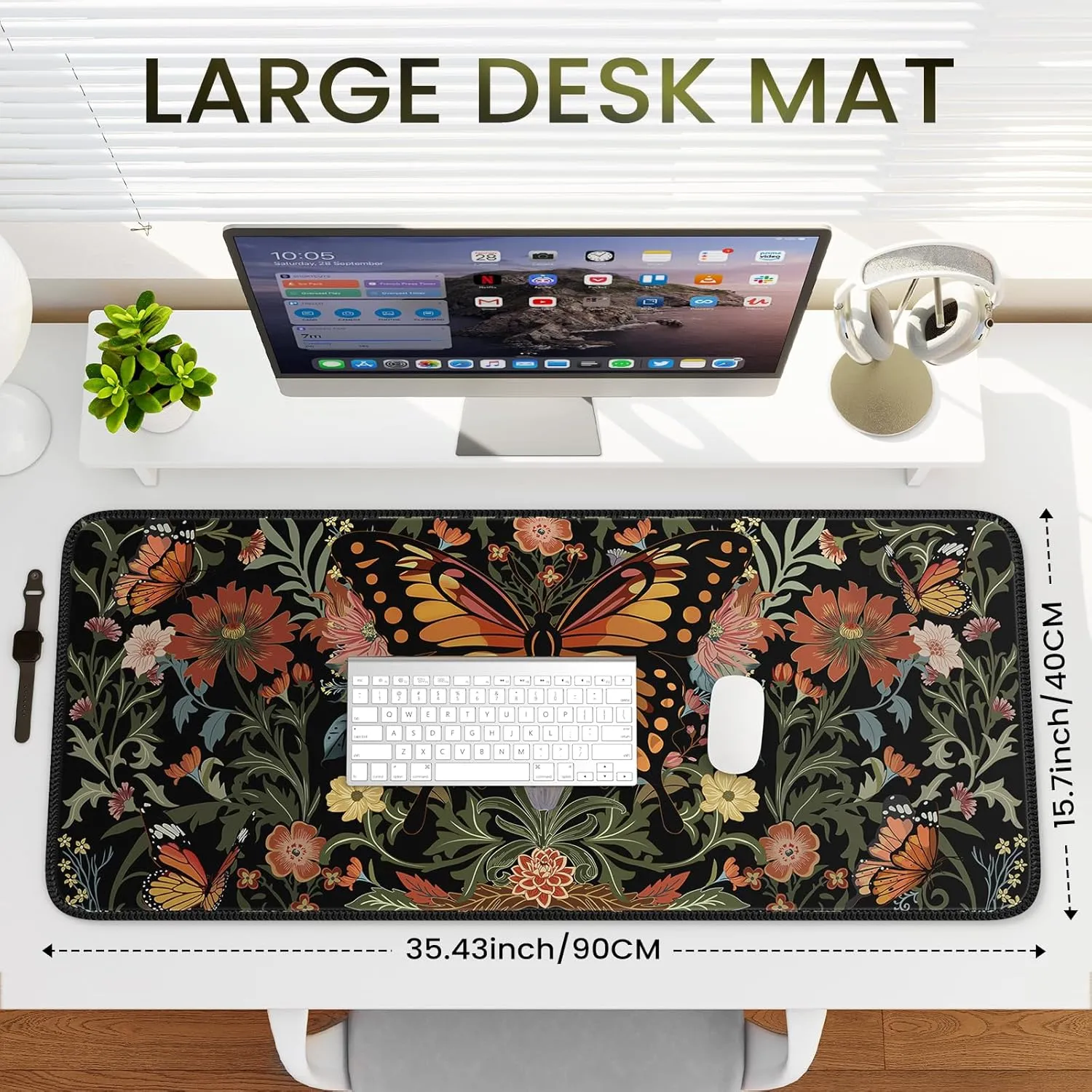 iLeadon Extended Desk Mouse Pad Mat, Dark Floral Cute Vintage Mousepad Desk Pad XXL Extra Large Gaming Keyboard Mat,Butterfly Computer Mouse Mat Plant Deskpad for Women Home Office，35.4x15.7 in