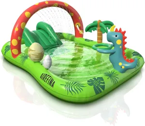 Inflatable Kids Pool, Airefina Dino Planet Inflatable Play Center Kiddie Pool with Water Slide, Ultra Thick 97"x76"x41" Toddler Pool with Play Ball Hoop, for Backyard, Garden, Water Park, Ages 3 