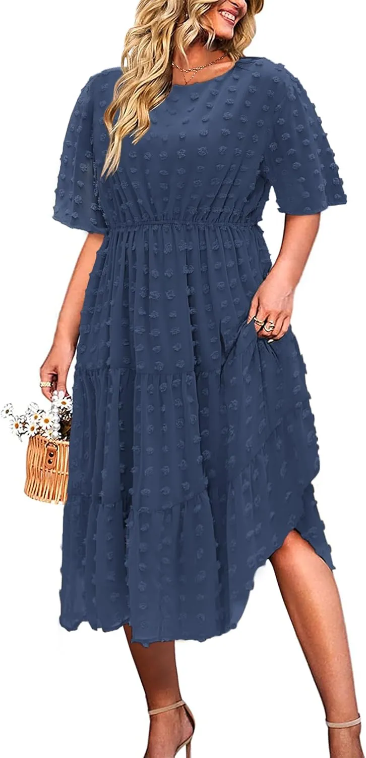 IN'VOLAND Womens Plus Size Swiss Dot Dress Chiffon Short Sleeve High Waist A Line Ruffle Tiered Babydoll Midi Dress