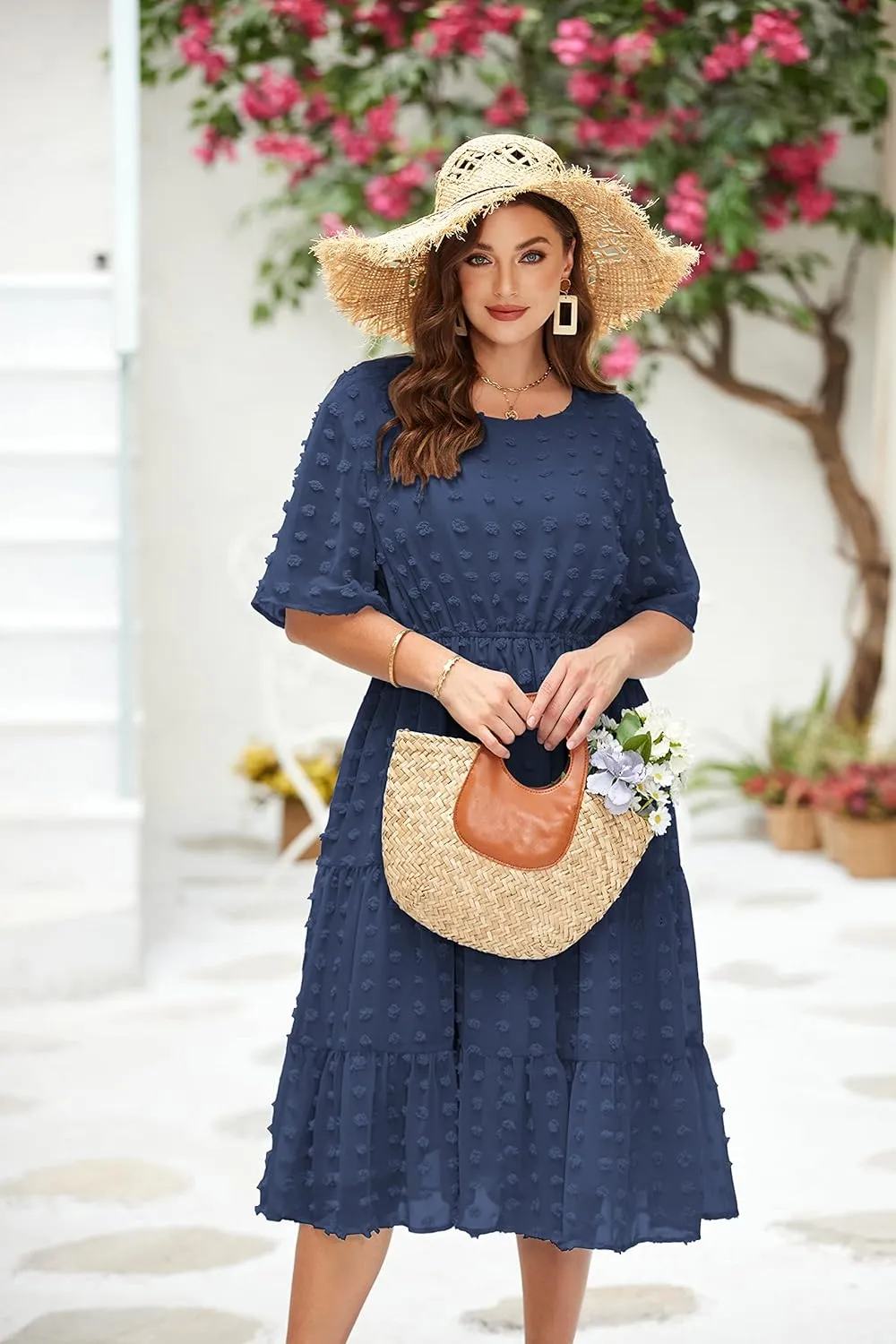 IN'VOLAND Womens Plus Size Swiss Dot Dress Chiffon Short Sleeve High Waist A Line Ruffle Tiered Babydoll Midi Dress