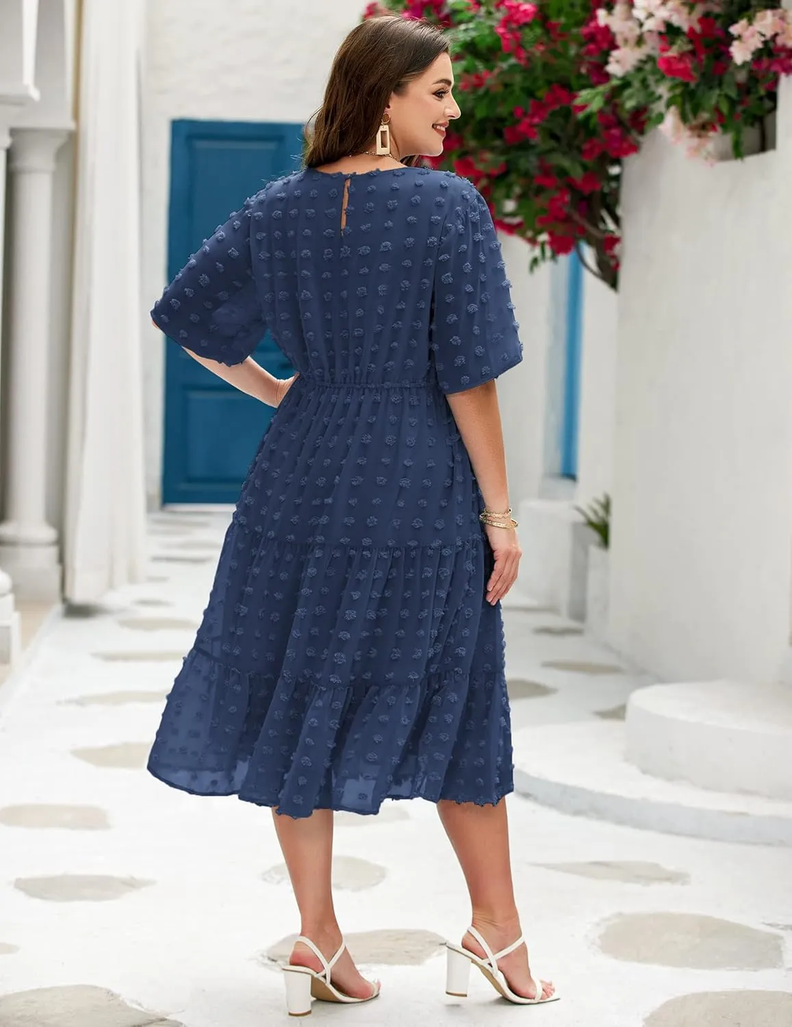 IN'VOLAND Womens Plus Size Swiss Dot Dress Chiffon Short Sleeve High Waist A Line Ruffle Tiered Babydoll Midi Dress