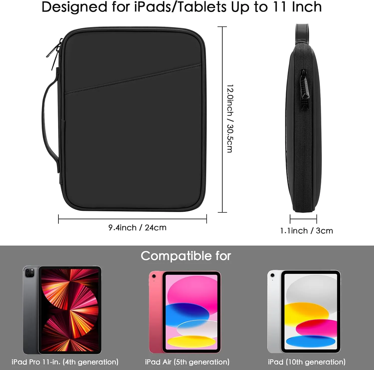 iPad Pro 11 Inch Carrying Sleeve Case, Padded Tablet Pouch Bag for iPad Pro 11-in (M4) / iPad Air 11-in (M2), iPad 10.9 (10th Gen), iPad Air (5/4th Gen), Galaxy Tab S9/S8 (11Black)