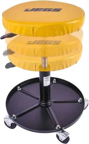 JEGS Adjustable Mechanics Seat | 250 LBS Capacity | Adjustable Seat Height From 15” to 19.25” | Padded 12 Inch Foam Seat Swivels 360 Degrees | 15 Inch Tool Tray Base